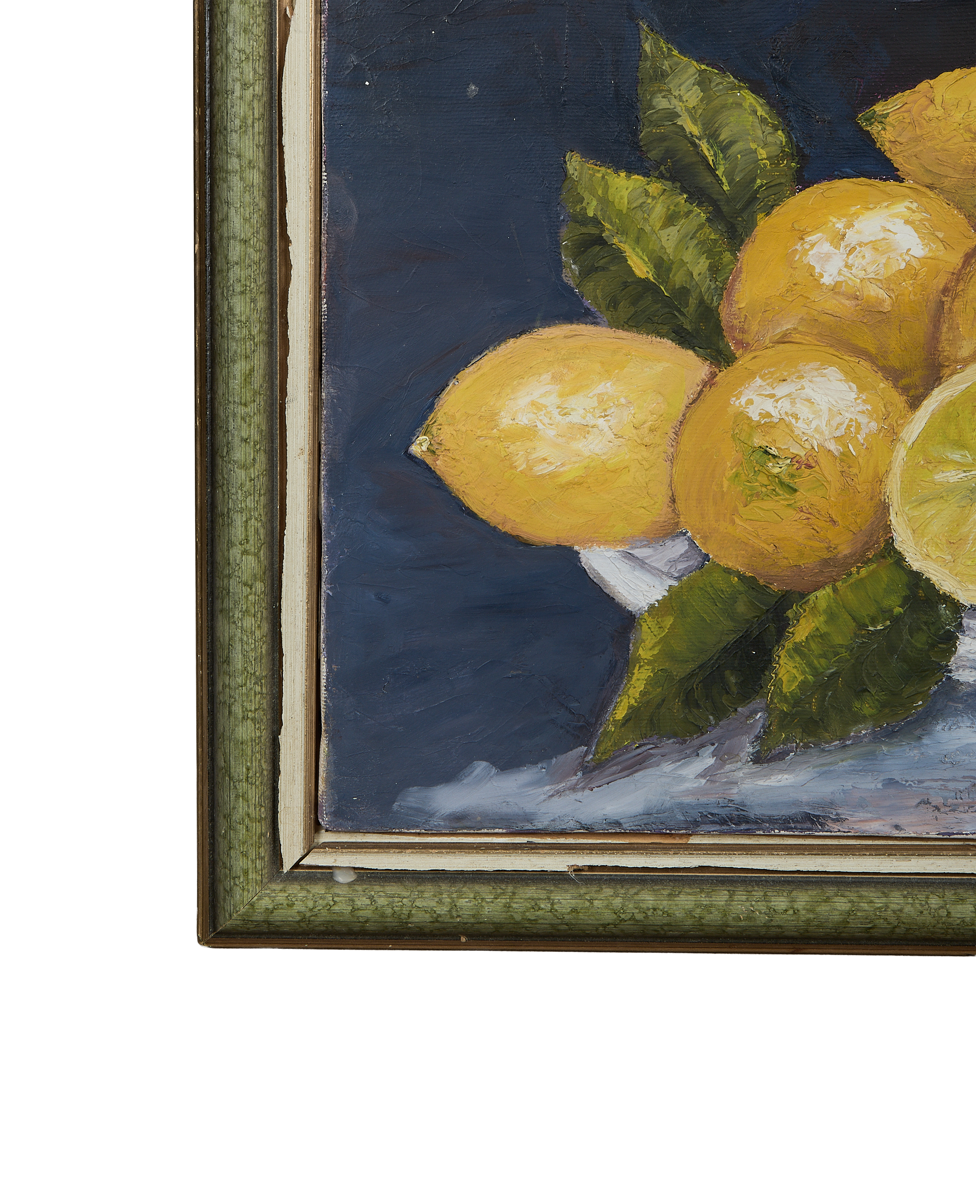 Vintage French still life painting, extreme closeup of detailed lemons and leaves with the distressed oak frame.