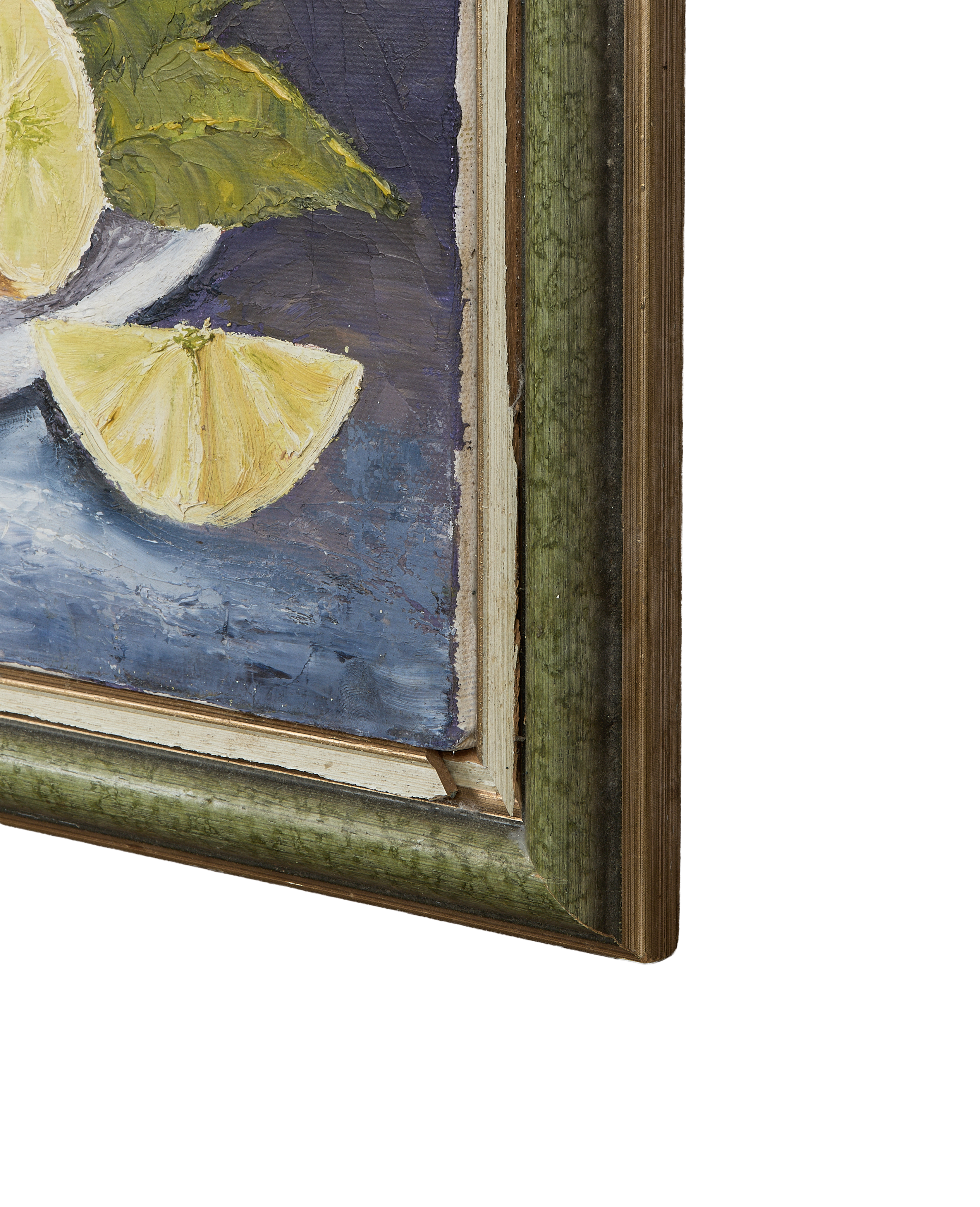 Vintage French OAK frame detail, showing rough paint texture on lemon still life.