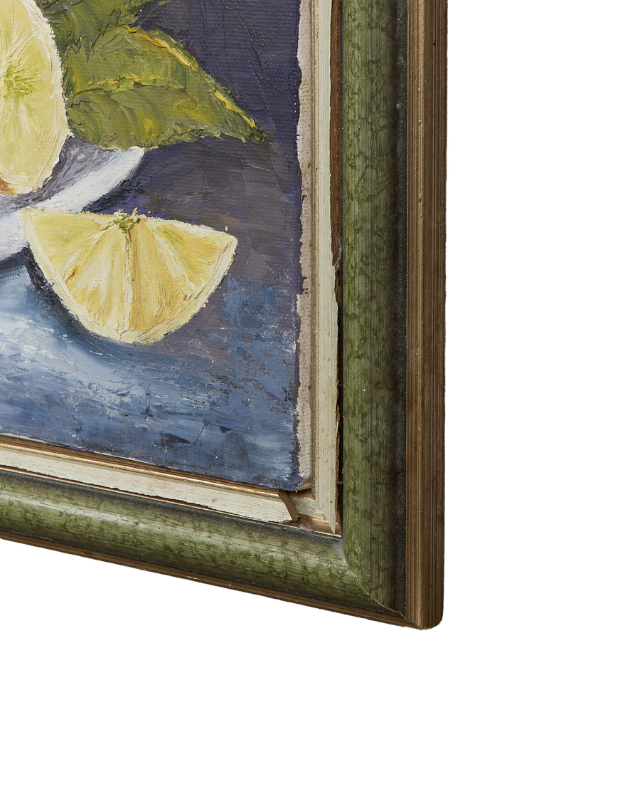 Vintage French OAK frame detail, showing rough paint texture on lemon still life.