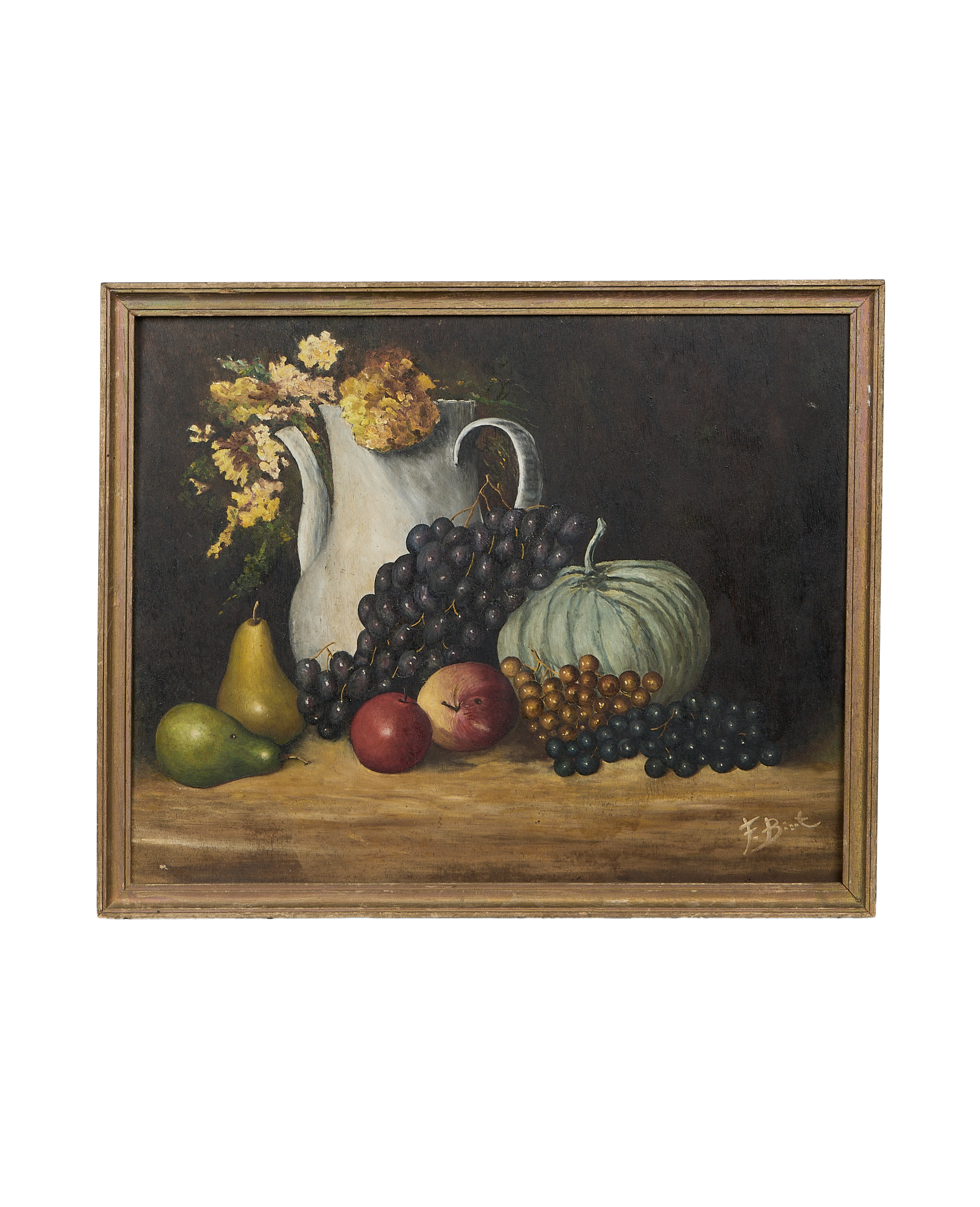 Vintage French still life oil painting in oak frame, featuring fruits, pitcher, and flowers.