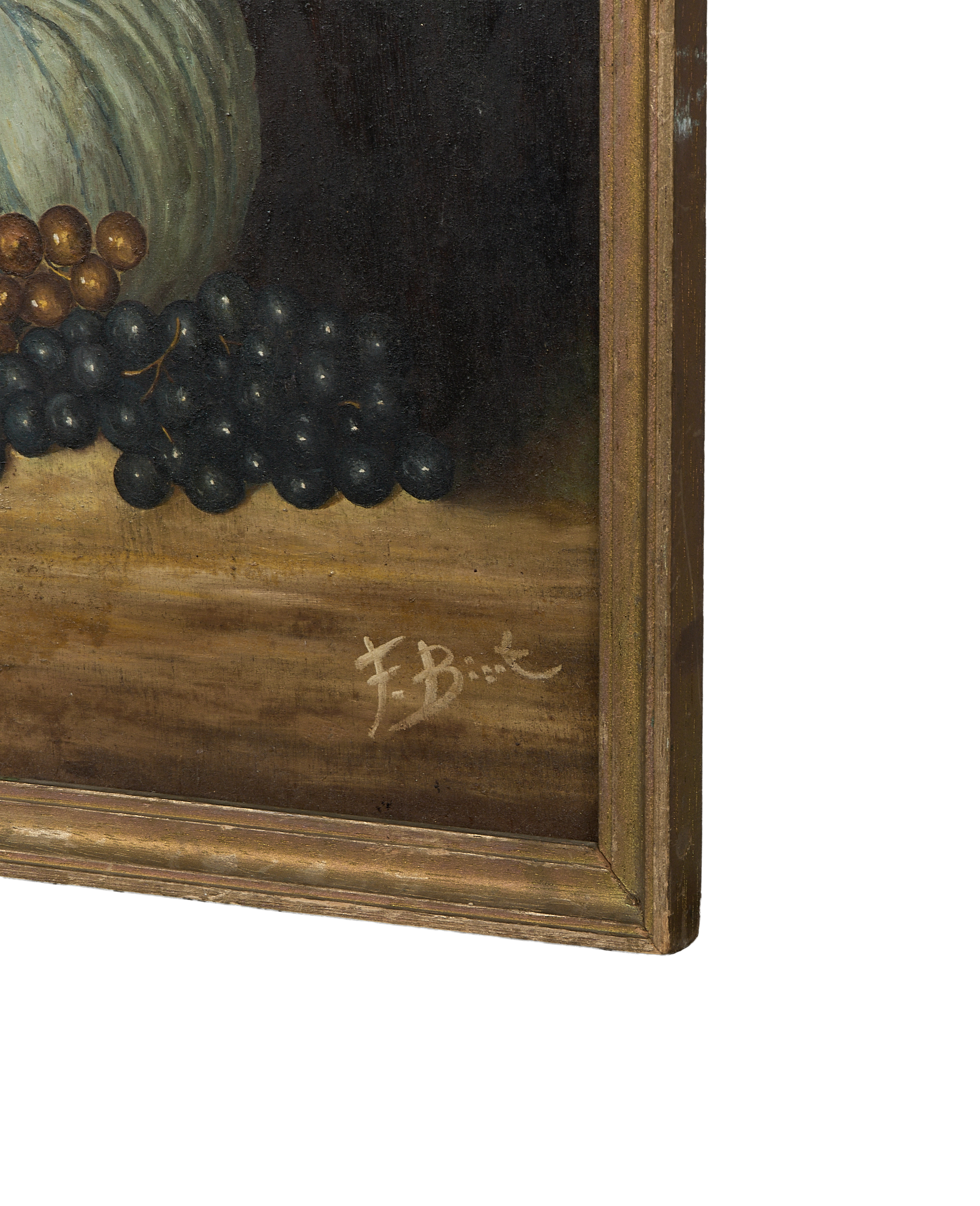 Vintage French still life oil painting detail: painter's signature 