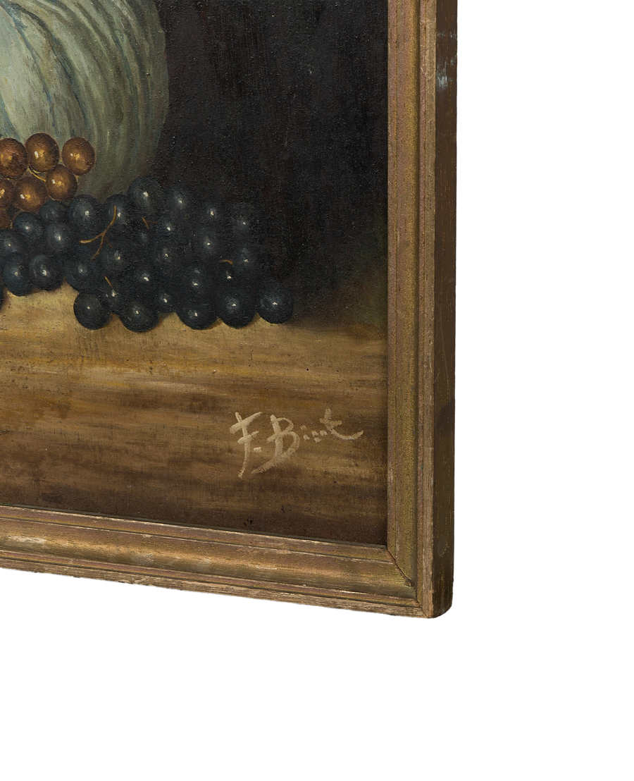 Vintage French still life oil painting detail: painter's signature 
