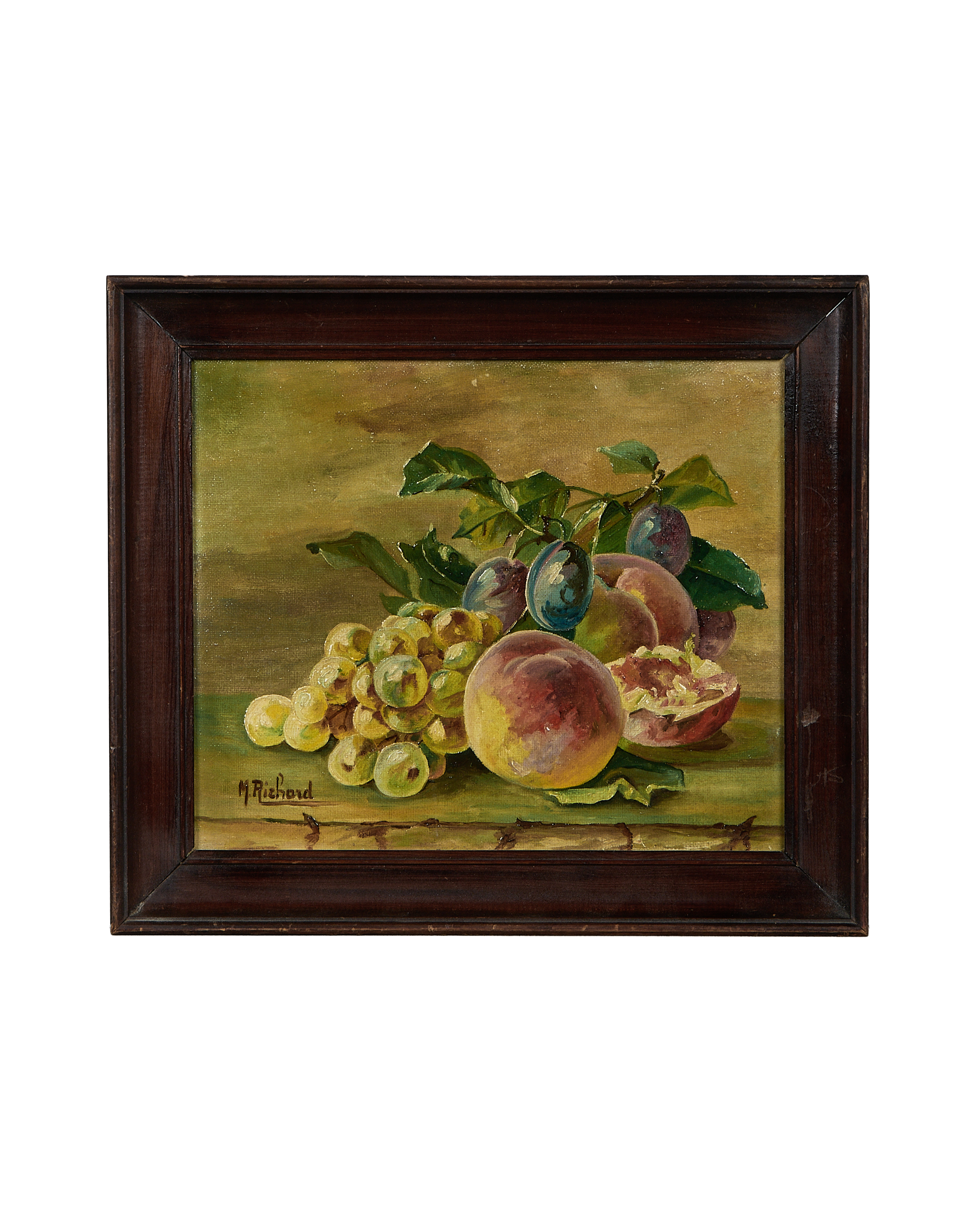 Vintage French still life oil painting in oak frame, featuring grapes, plums, and pomegranate.