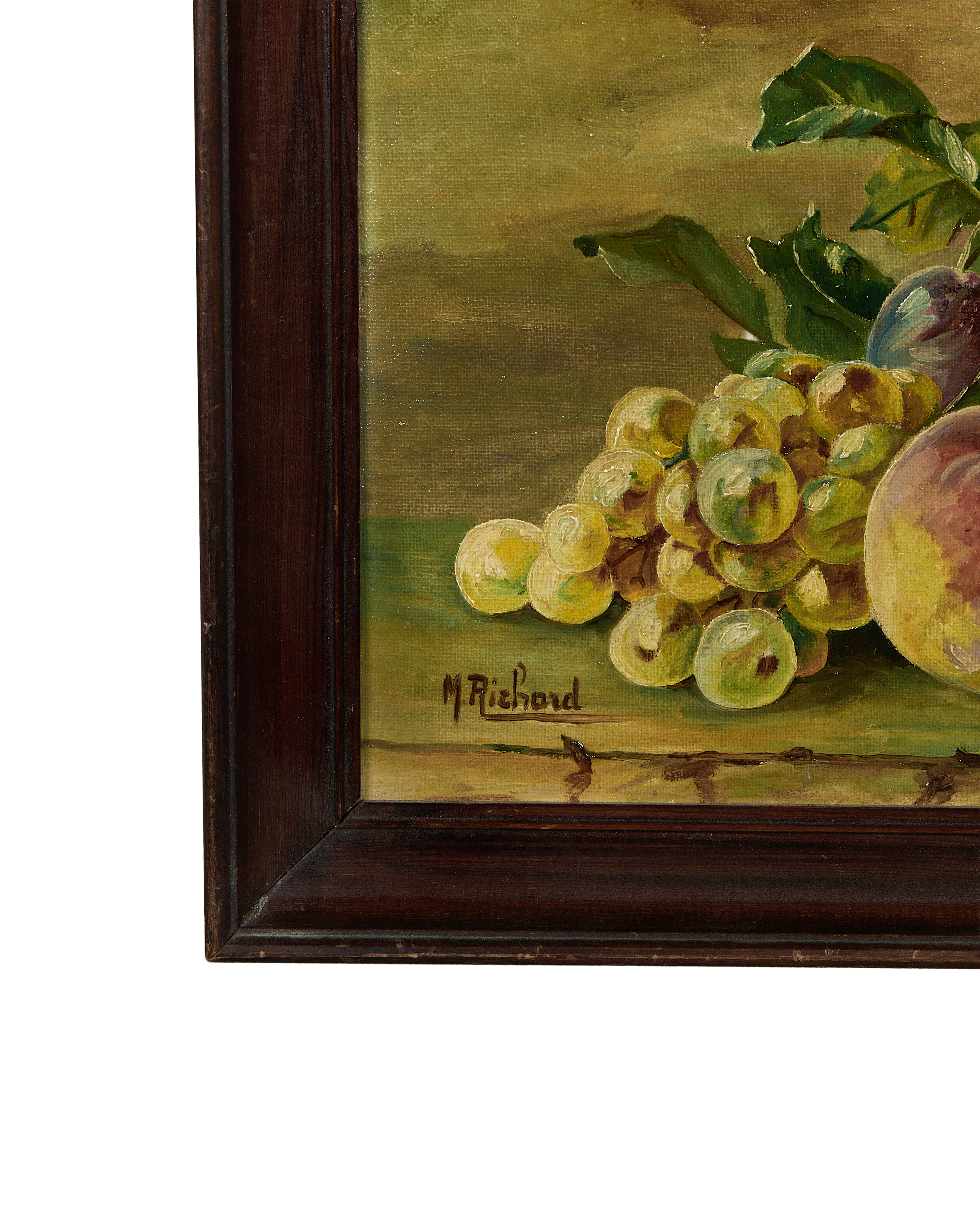 Vintage French still life painting, signed by M. Richard, highlighting green grapes, peach, and fig.