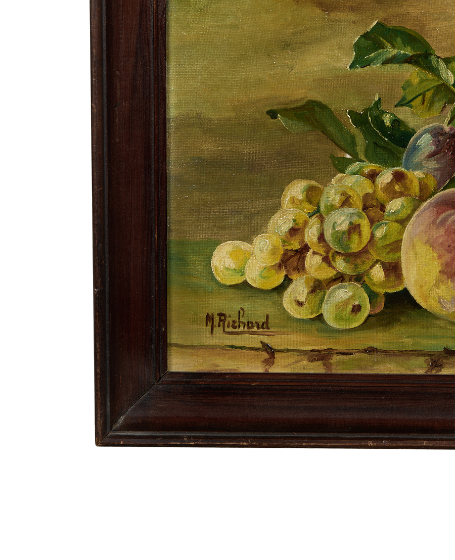 Vintage French still life painting, signed by M. Richard, highlighting green grapes, peach, and fig.