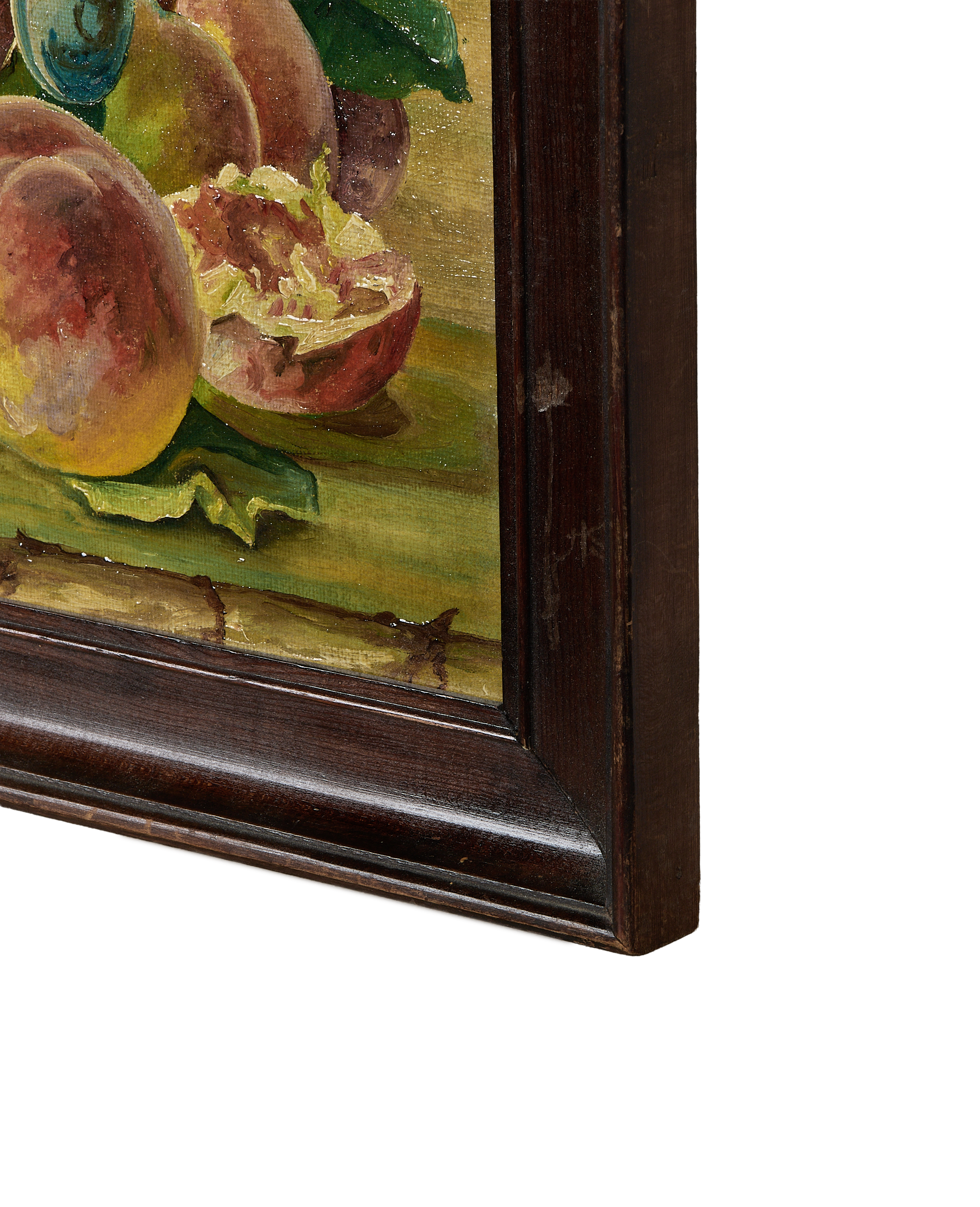 Vintage French still life painting, showing paint texture and dark oak frame details.