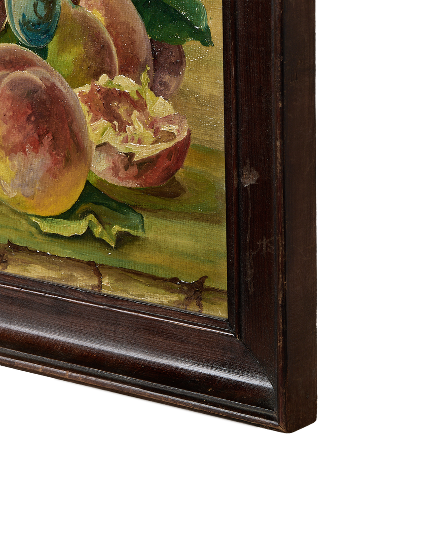 Vintage French still life painting, showing paint texture and dark oak frame details.
