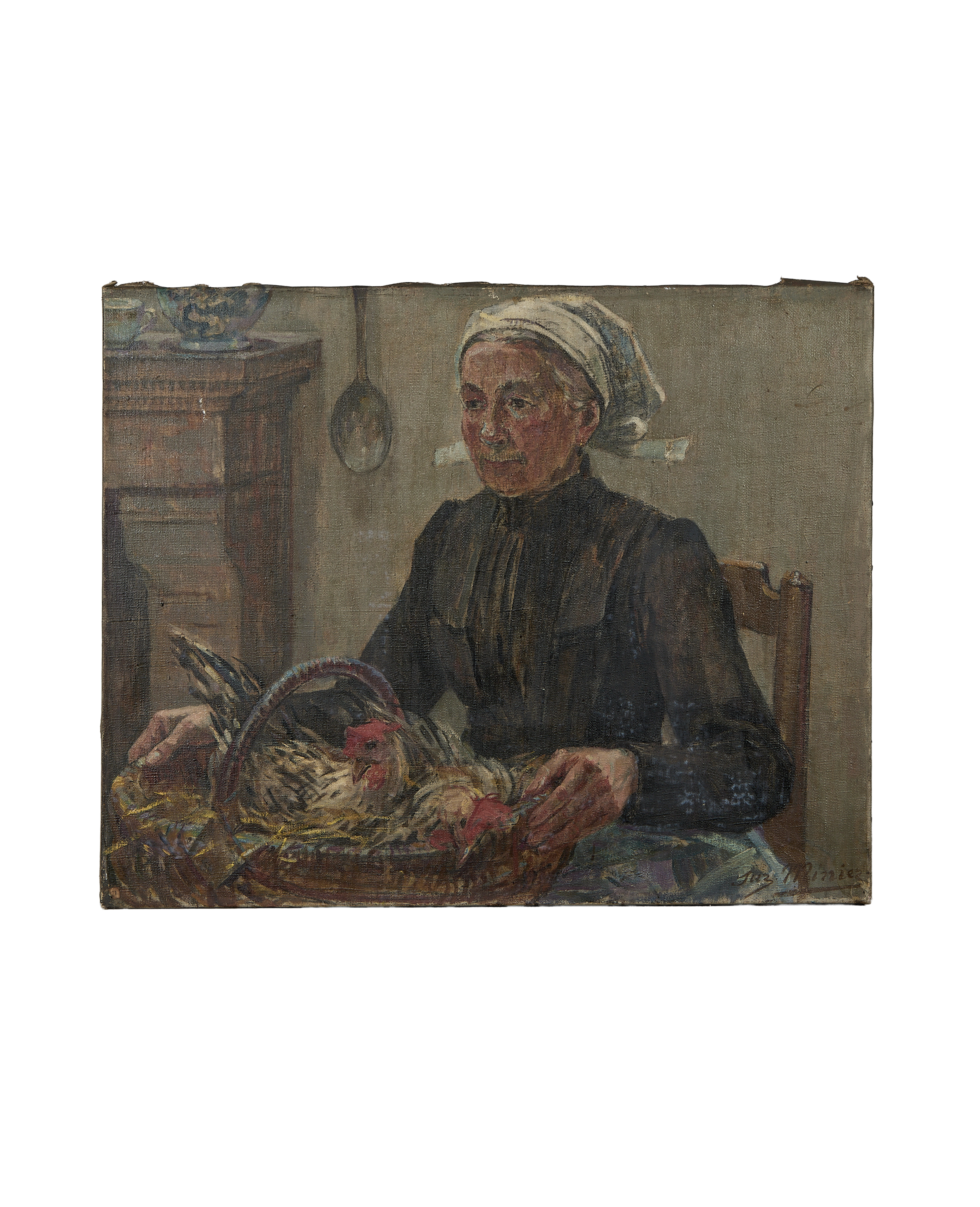 Vintage French OIL PORTRAIT PAINTING of an elderly woman holding a basket of chickens.