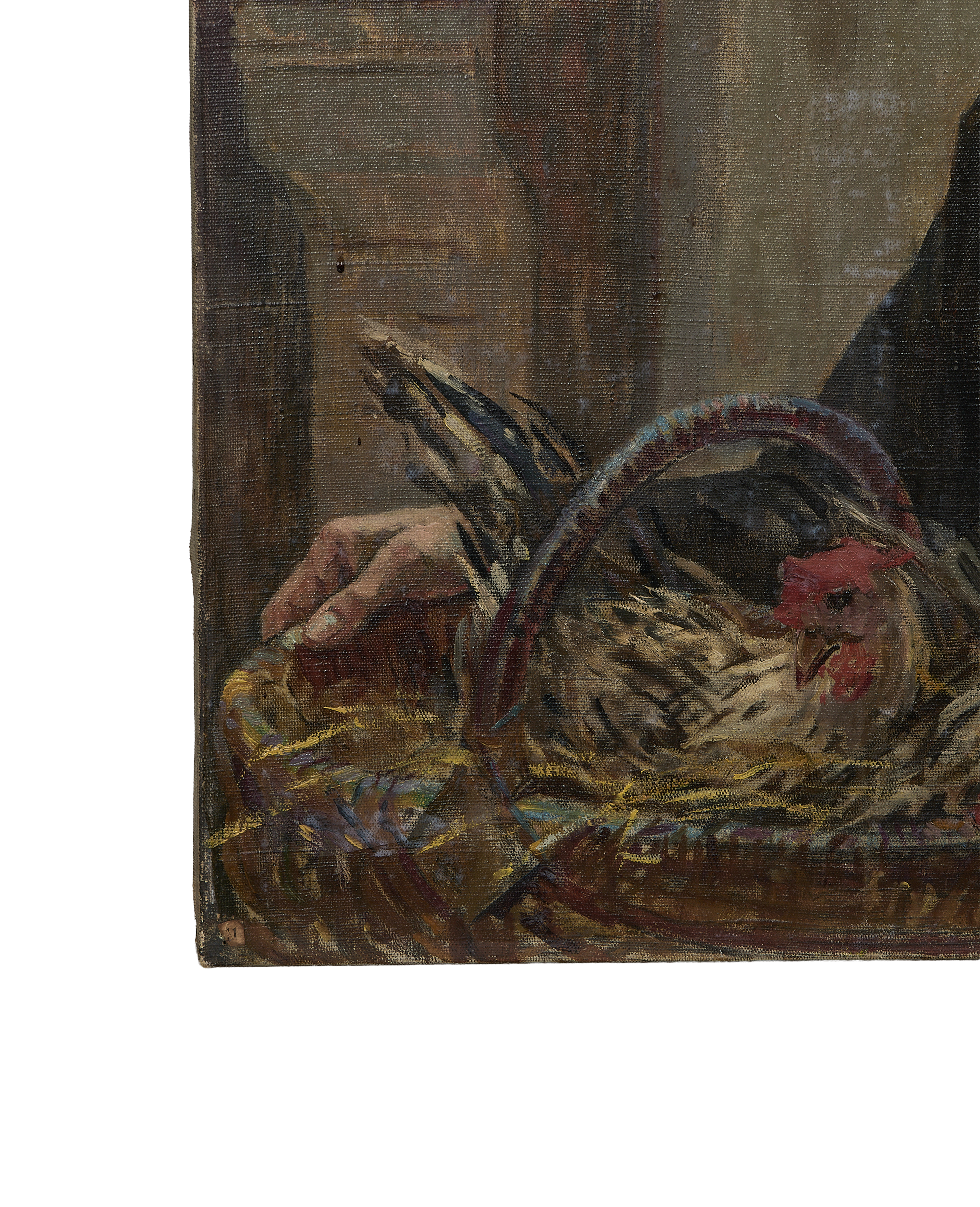 Close-up of hand holding a chicken in a basket, vintage French oil painting texture.
