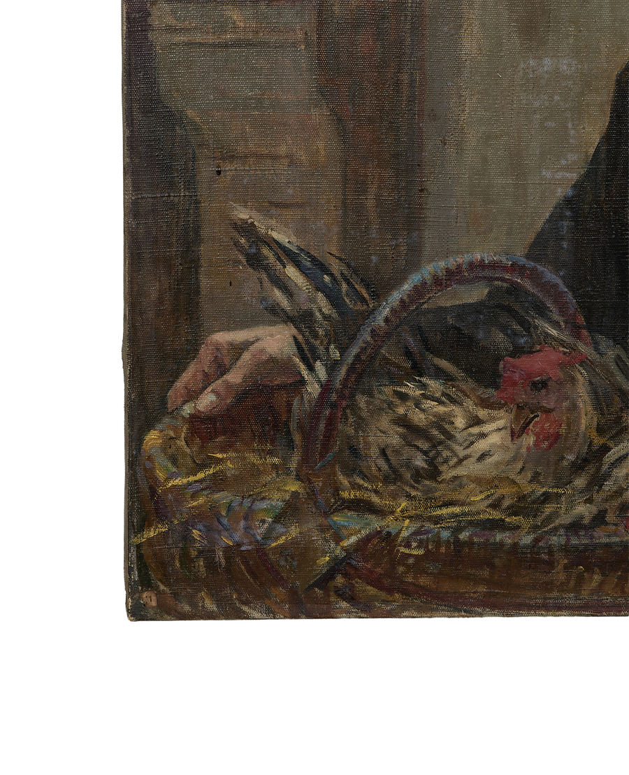 Close-up of hand holding a chicken in a basket, vintage French oil painting texture.