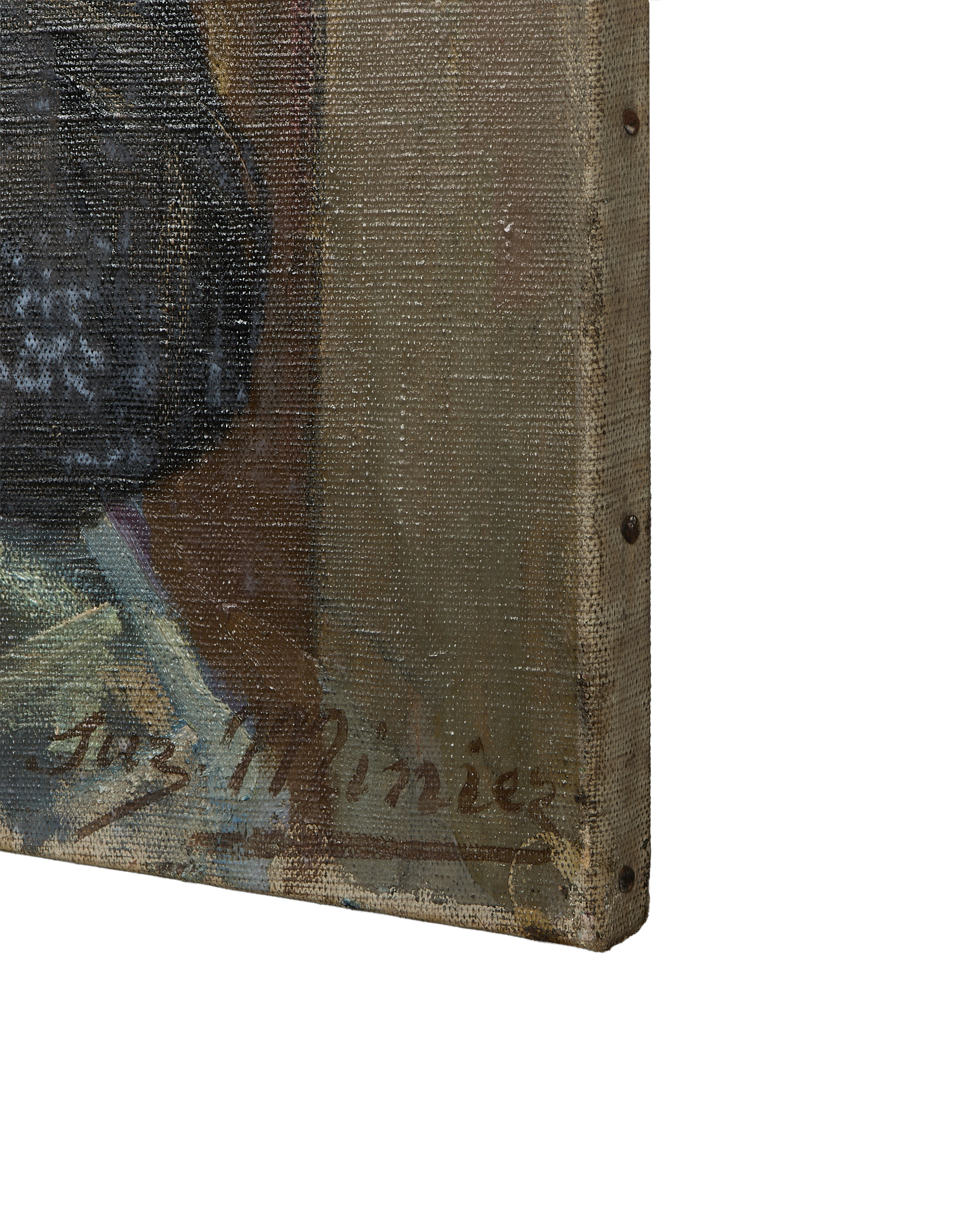 Vintage French portrait painting detail, showing artist's signature on canvas edge and oak stretcher frame.