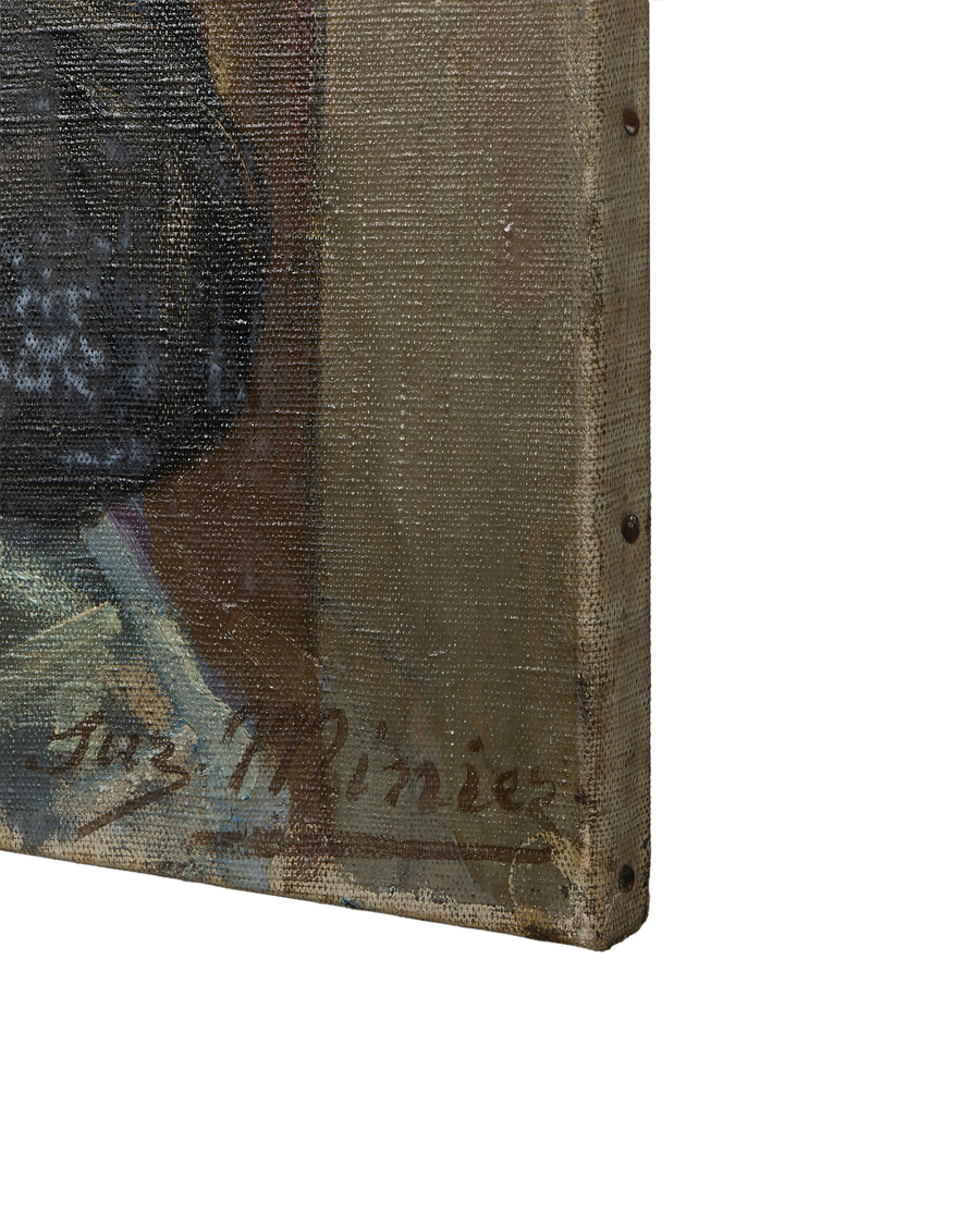 Vintage French portrait painting detail, showing artist's signature on canvas edge and oak stretcher frame.