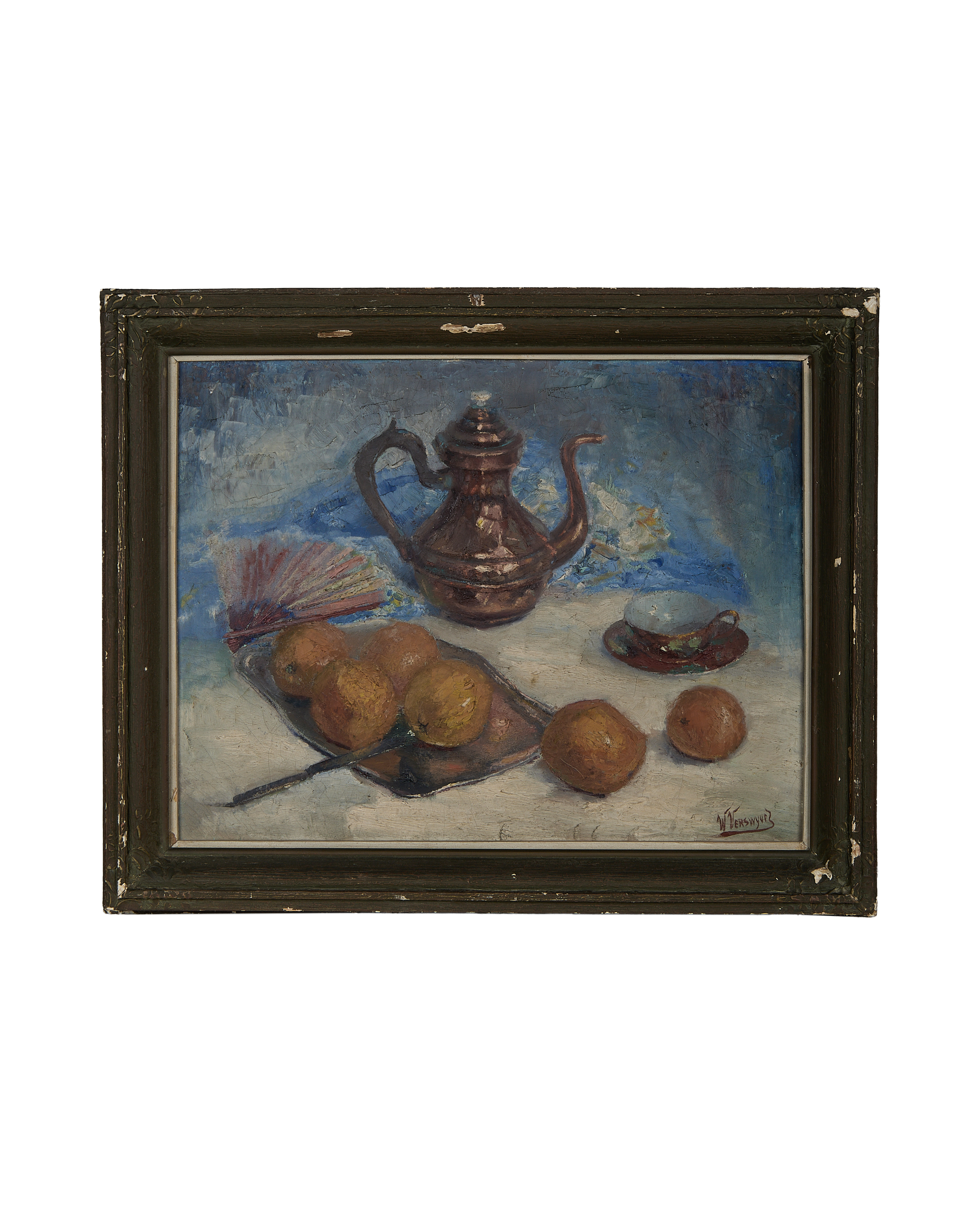 Vintage French still life oil painting, oak framed, depicting copper pot, fruit, and teacup.