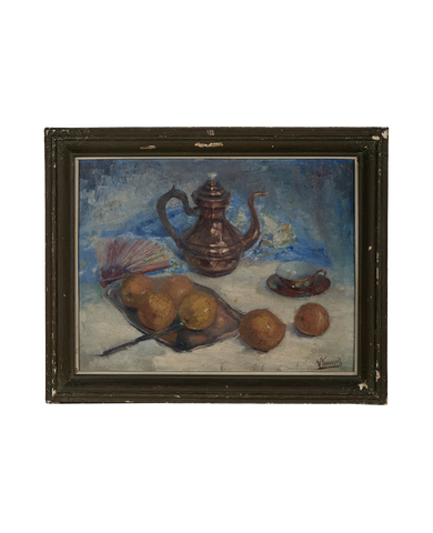 Vintage French still life oil painting, oak framed, depicting copper pot, fruit, and teacup.