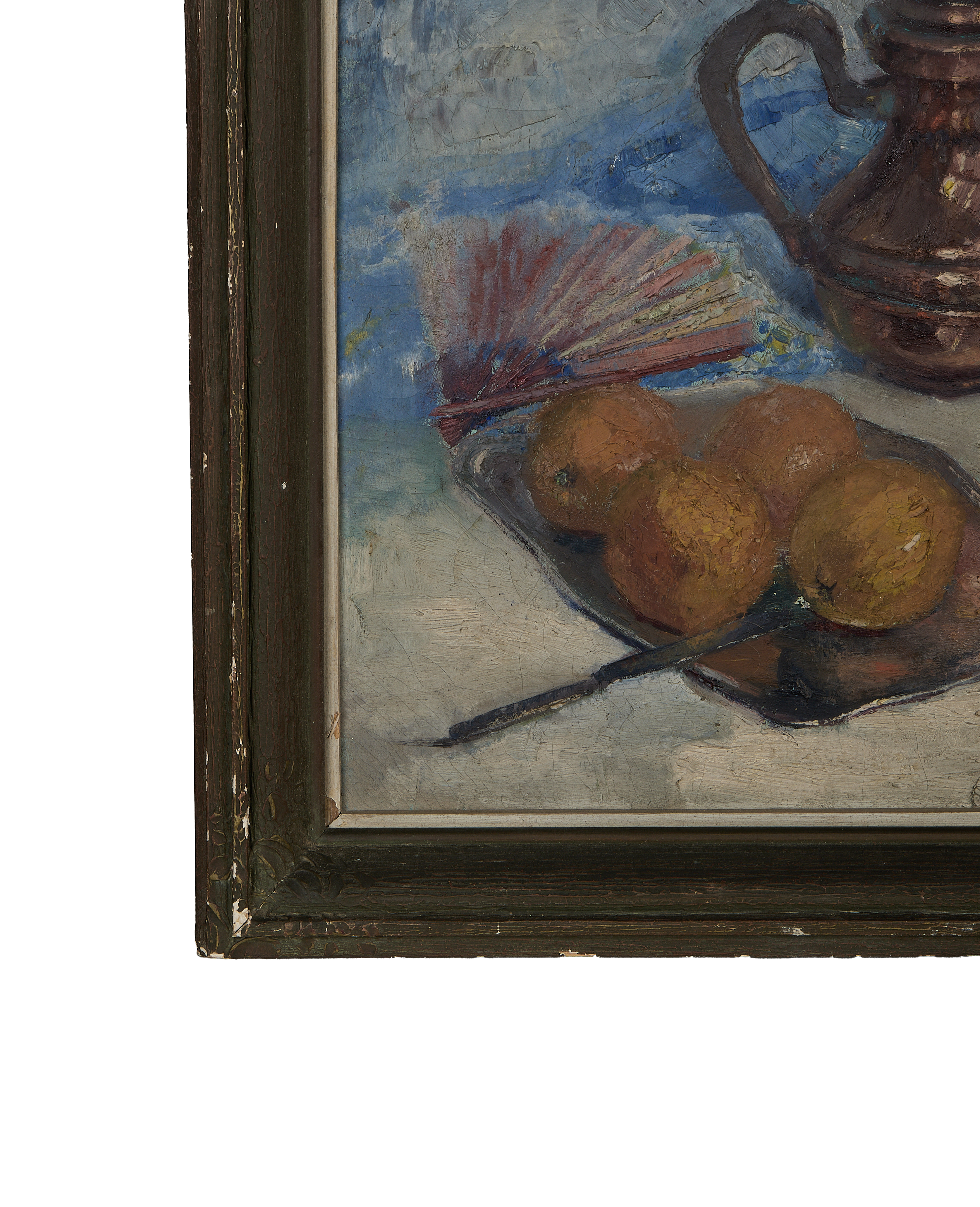 Vintage Still Life painting corner section showing rough oak frame, pitcher, and fruit details.