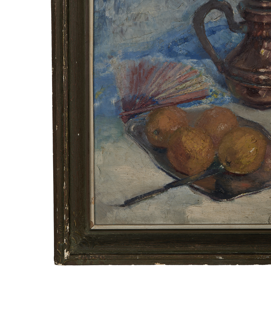 Vintage Still Life painting corner section showing rough oak frame, pitcher, and fruit details.