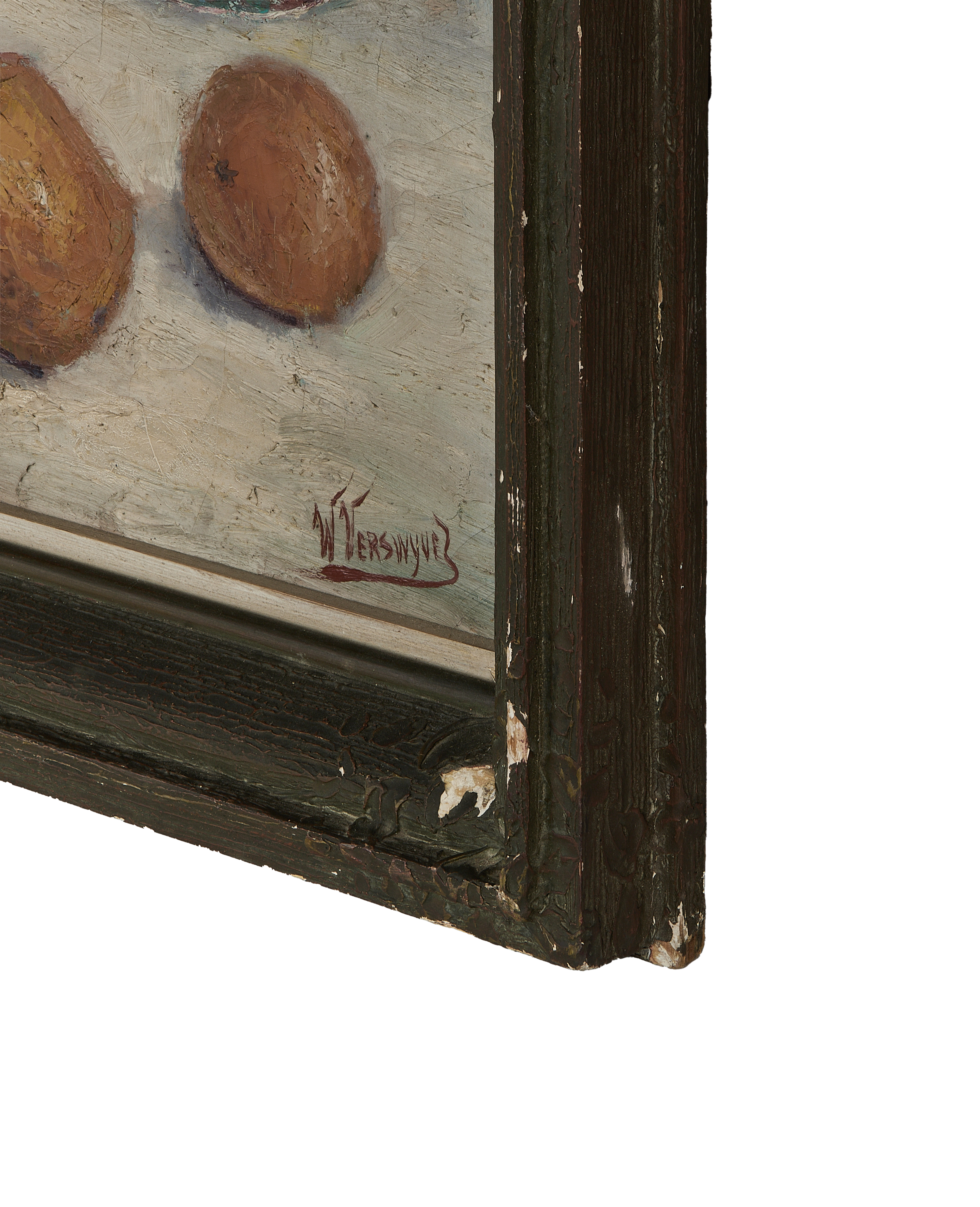 Vintage French still life painting detail showing artist's signature and distressed oak frame.