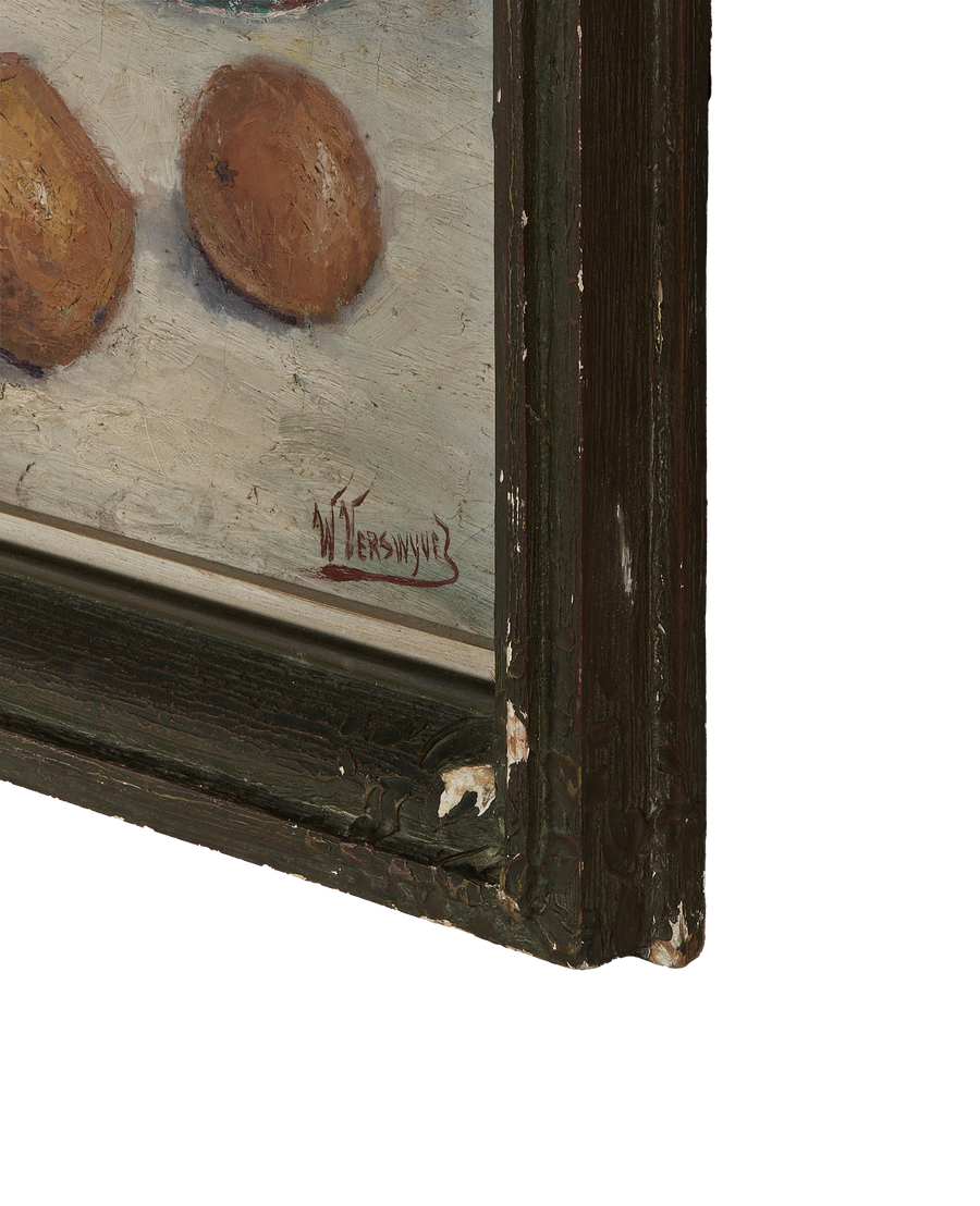 Vintage French still life painting detail showing artist's signature and distressed oak frame.