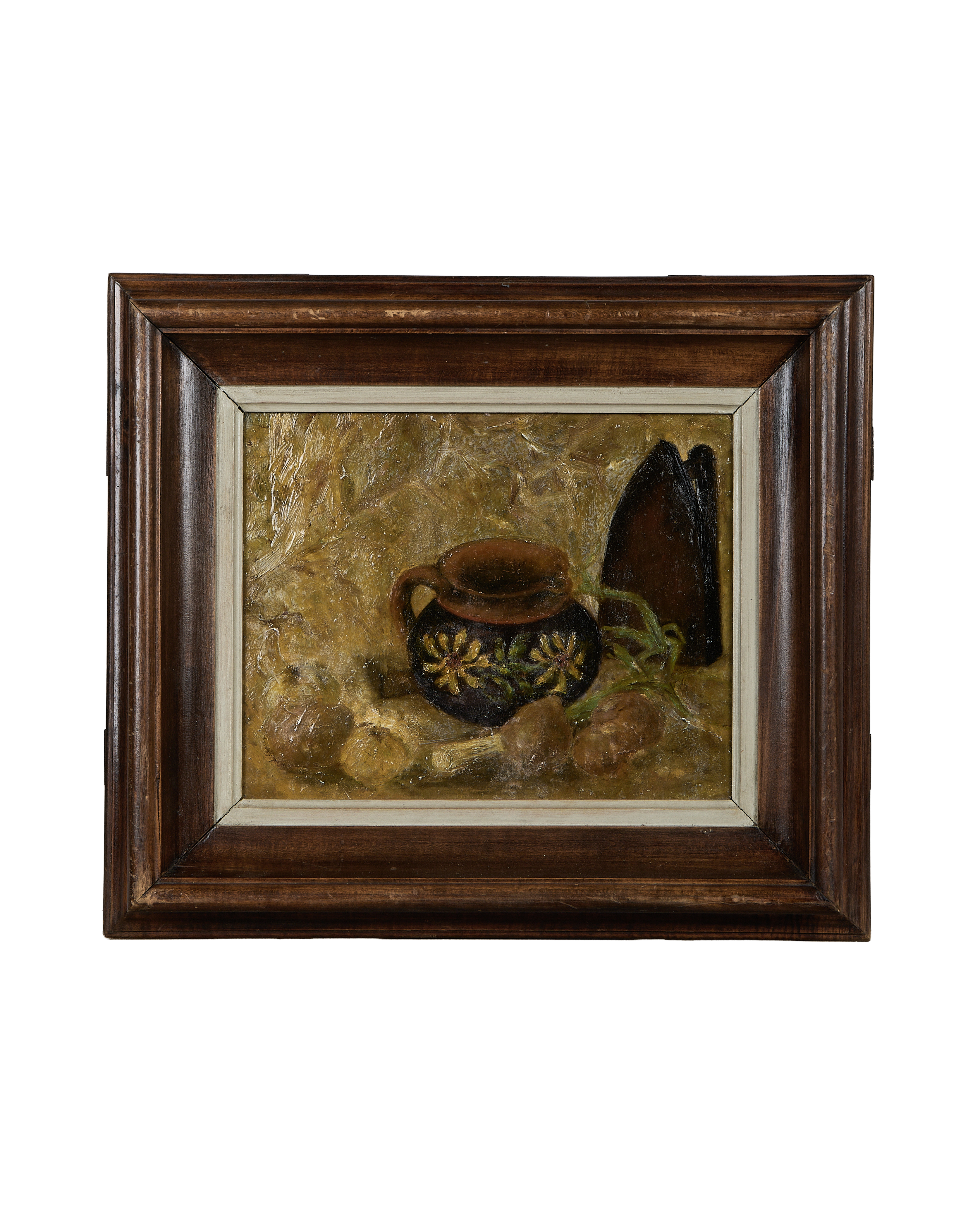 Vintage French Still Life Painting in Oak Frame, with pot, vegetables and richly textured canvas.