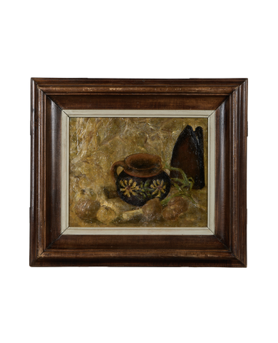 Vintage French Still Life Painting in Oak Frame, with pot, vegetables and richly textured canvas.