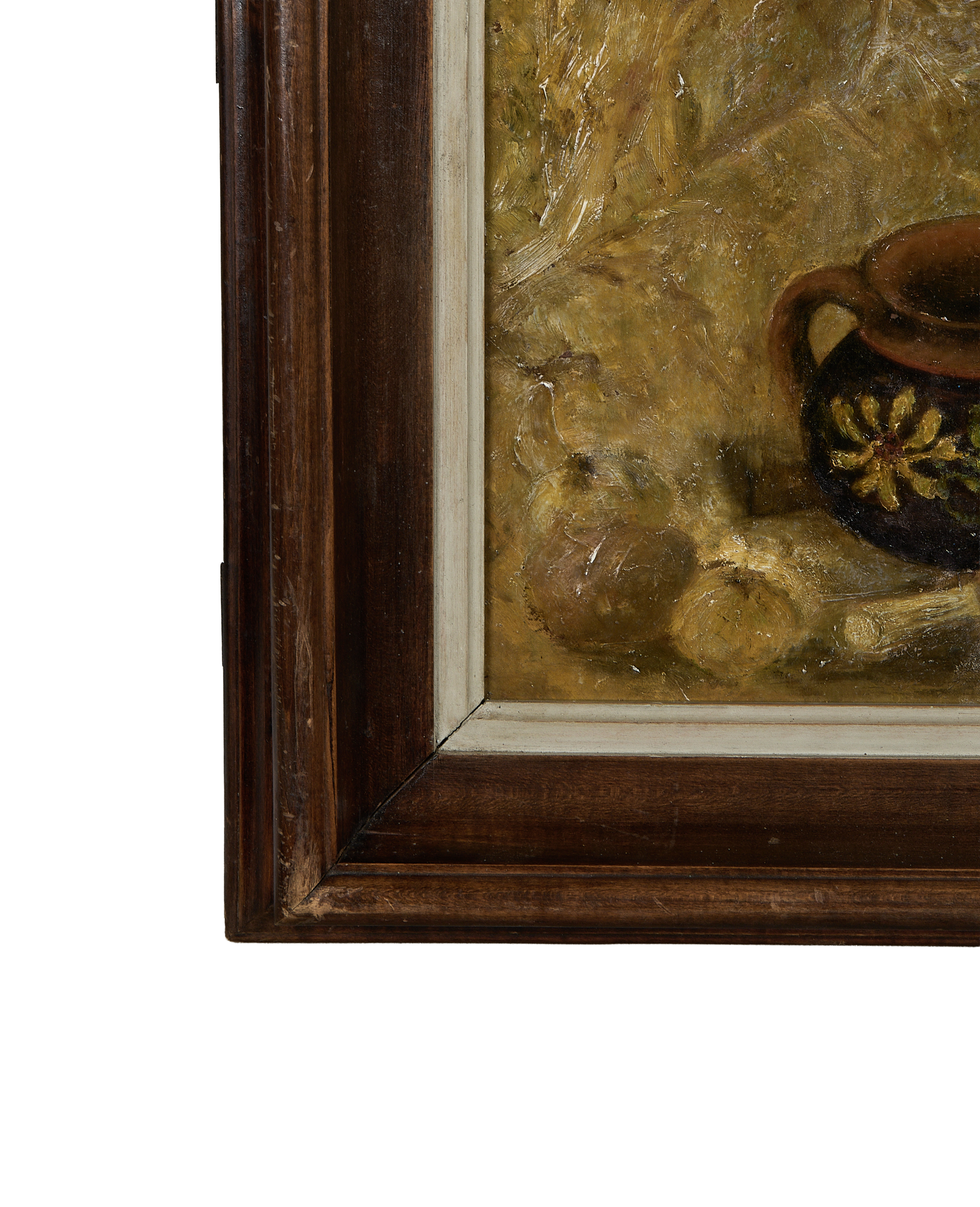 Vintage French still-life painting, close-up of dark oak frame and textured canvas corner.