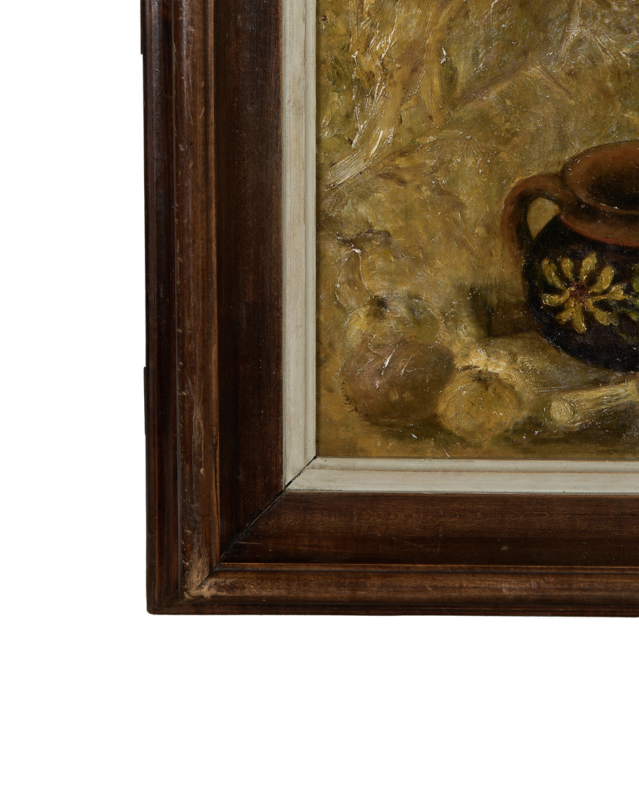 Vintage French still-life painting, close-up of dark oak frame and textured canvas corner.