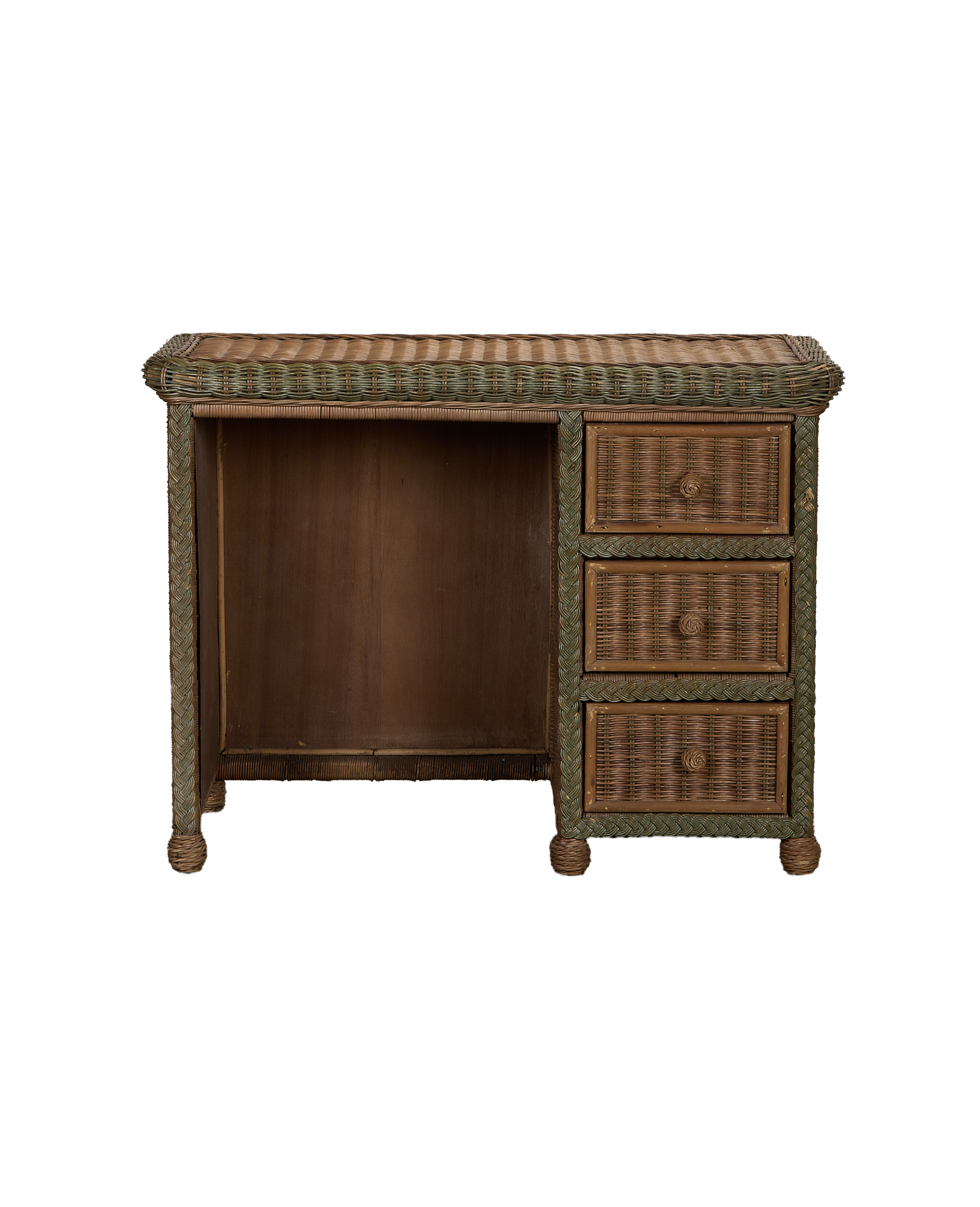 Vintage French rattan desk with intricate green braided accents and three drawer unit.