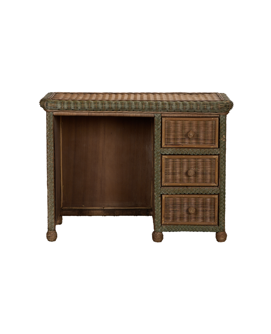 Vintage French rattan desk with intricate green braided accents and three drawer unit.