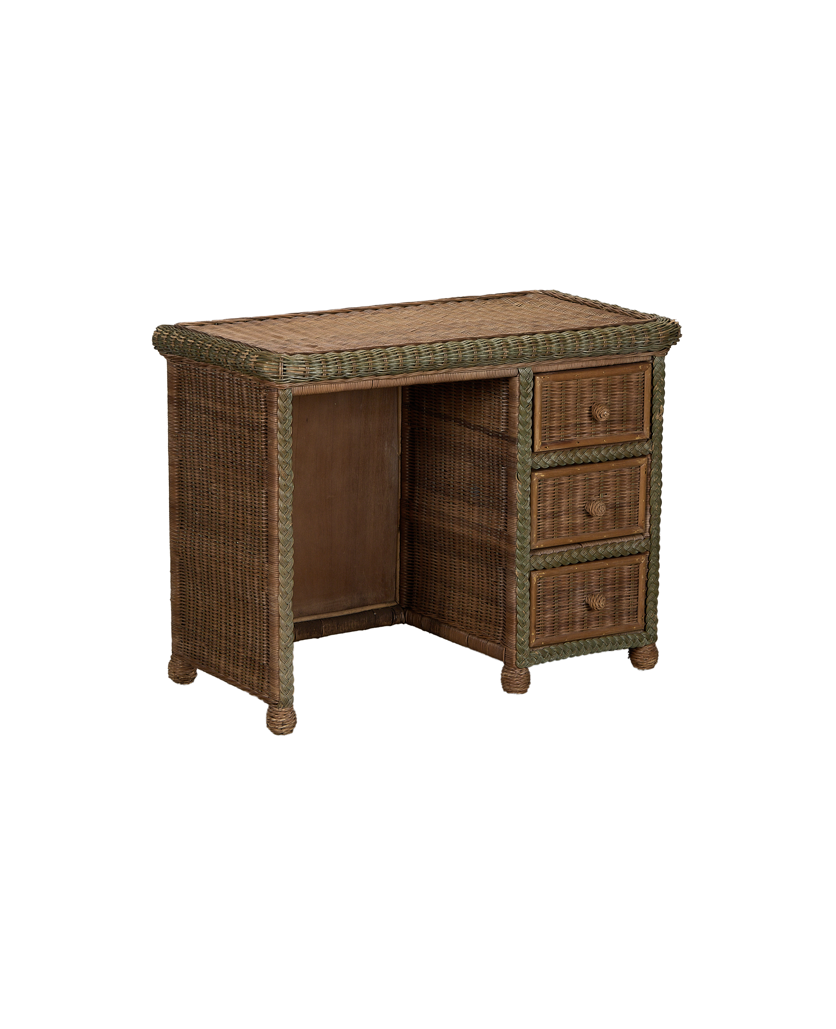 Vintage French Rattan Desk, oak-lined, with three woven drawers and green braided accents.