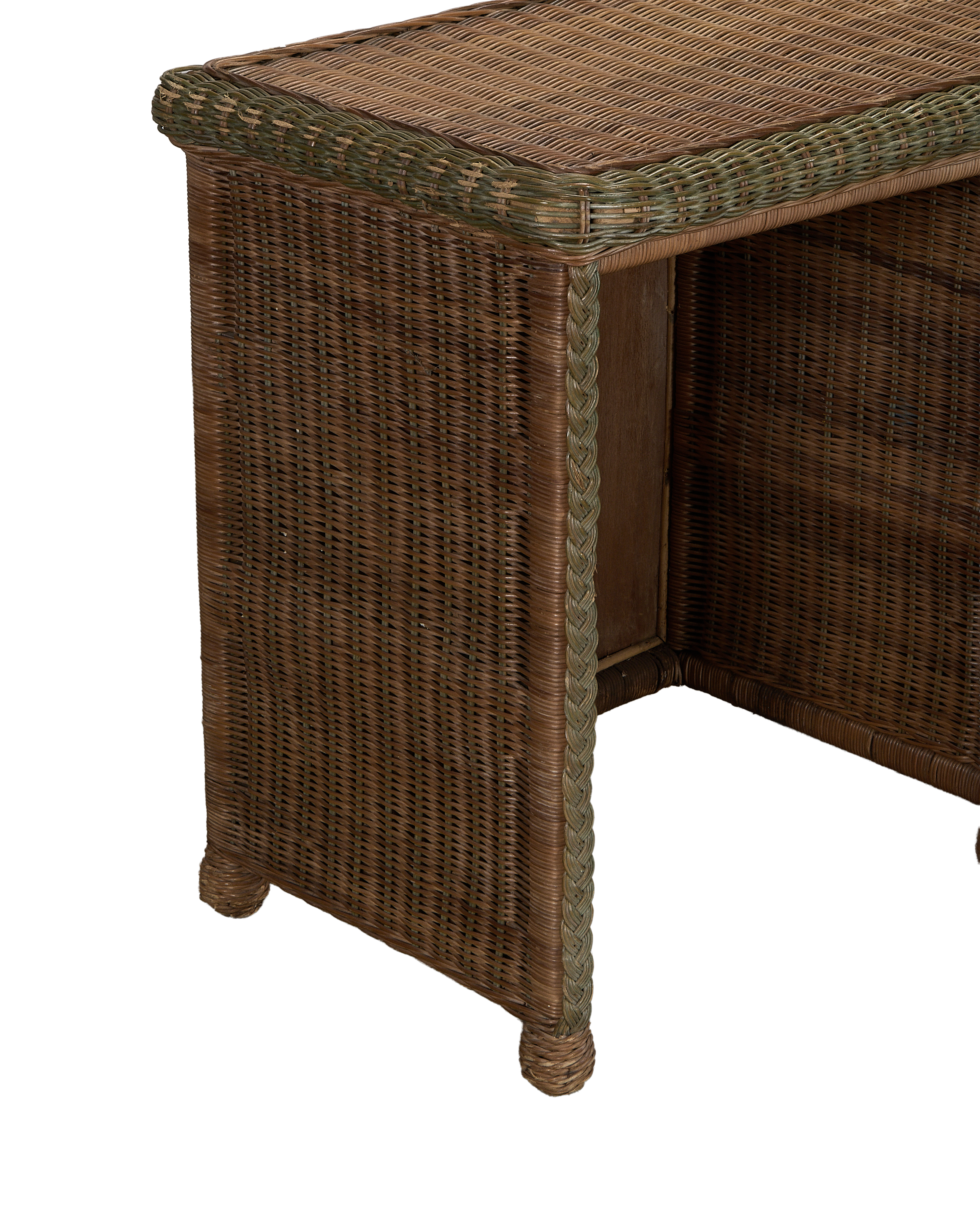 Vintage French oak rattan desk, bottom right side showing braided detail and bun feet.