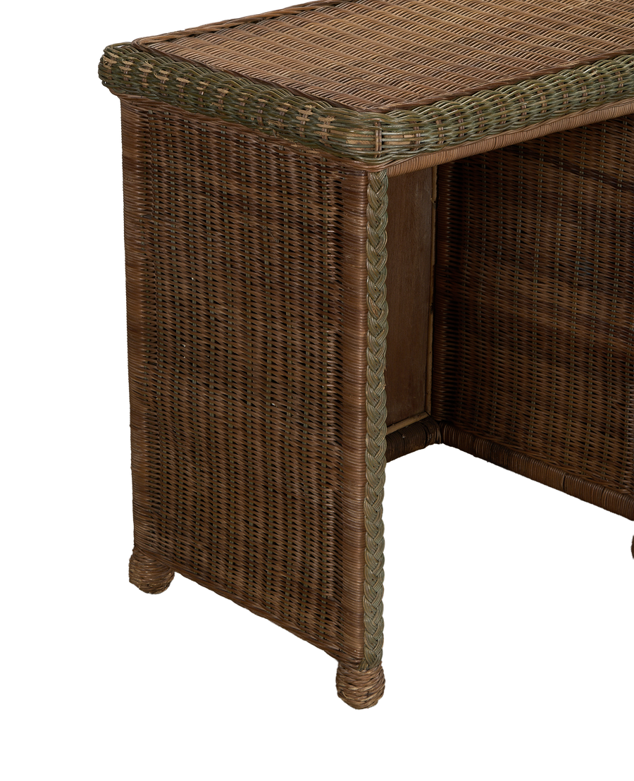 Vintage French oak rattan desk, bottom right side showing braided detail and bun feet.