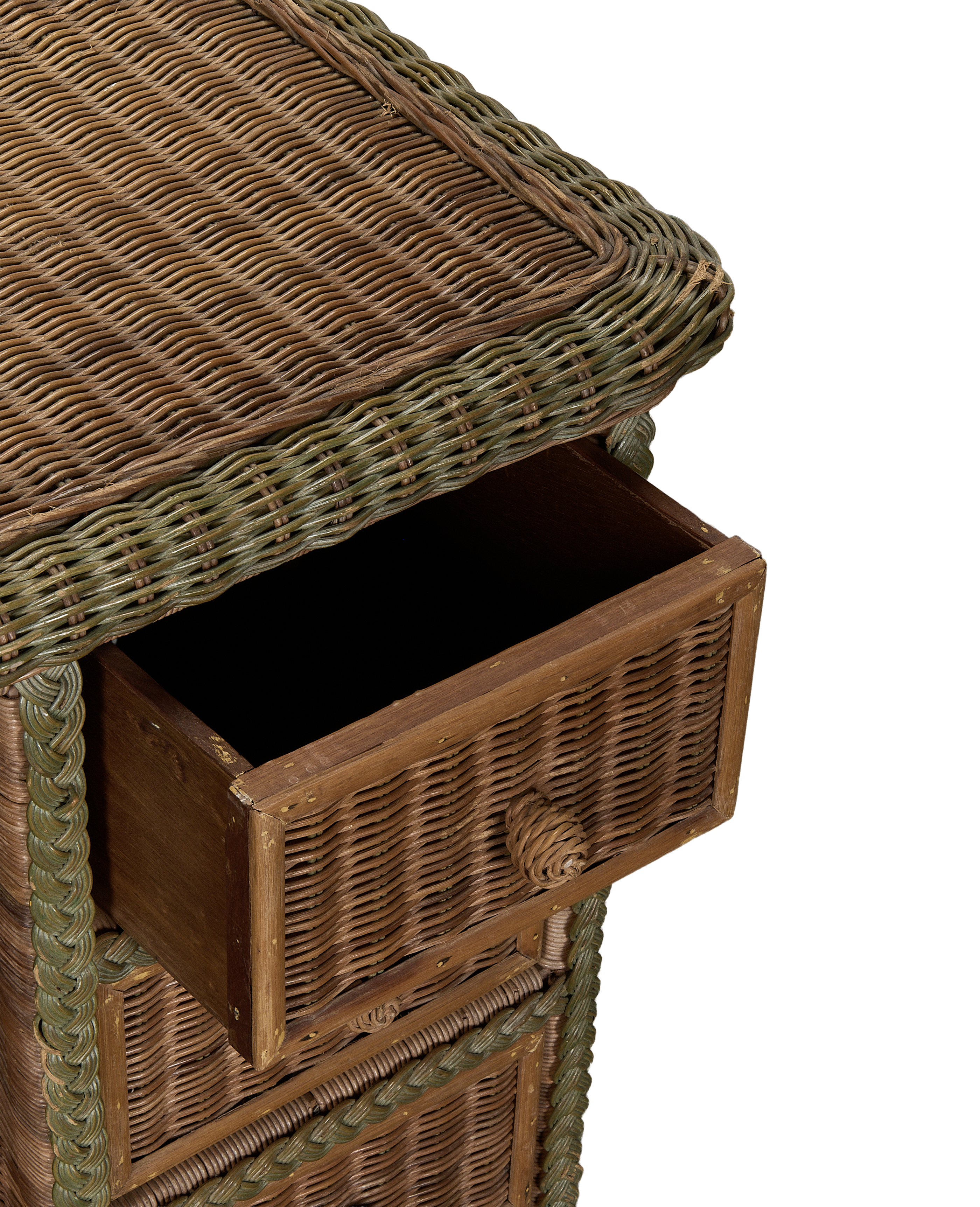 Vintage French rattan desk with partially open drawer, showing oak construction.