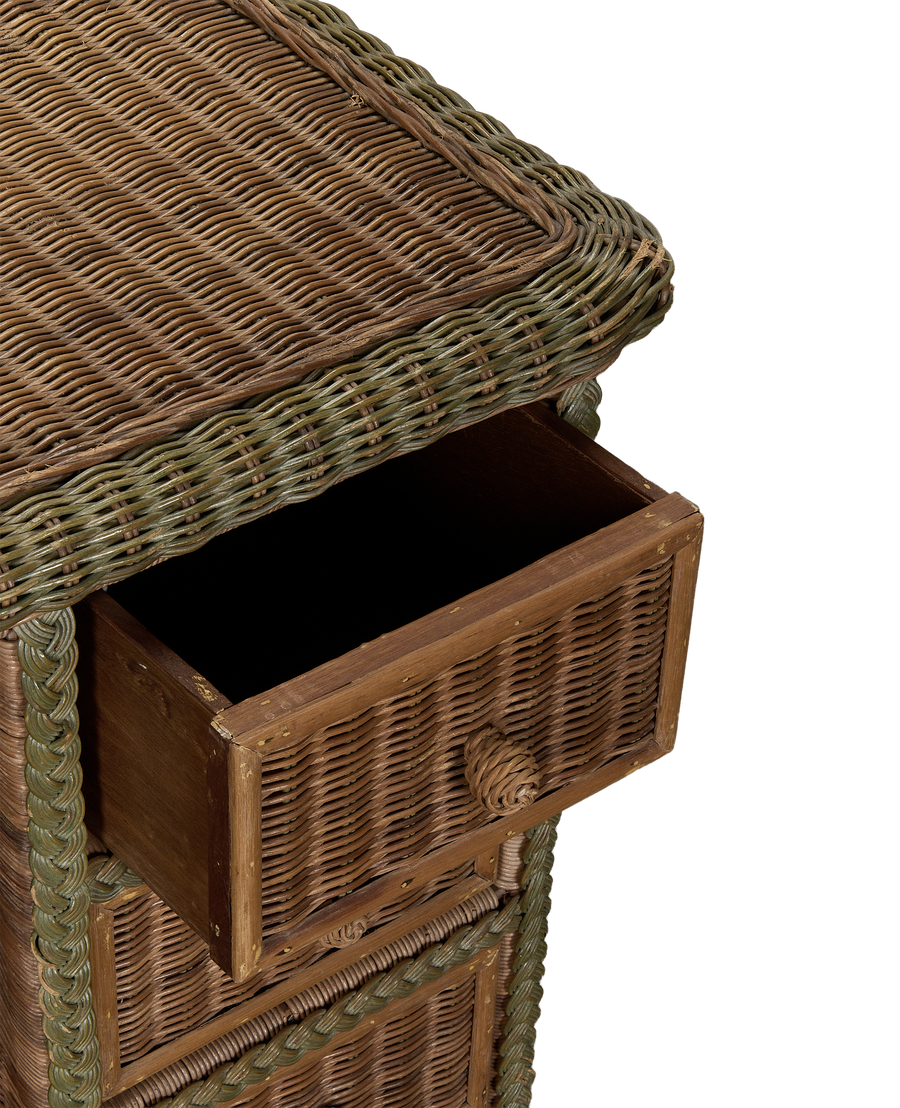 Vintage French rattan desk with partially open drawer, showing oak construction.