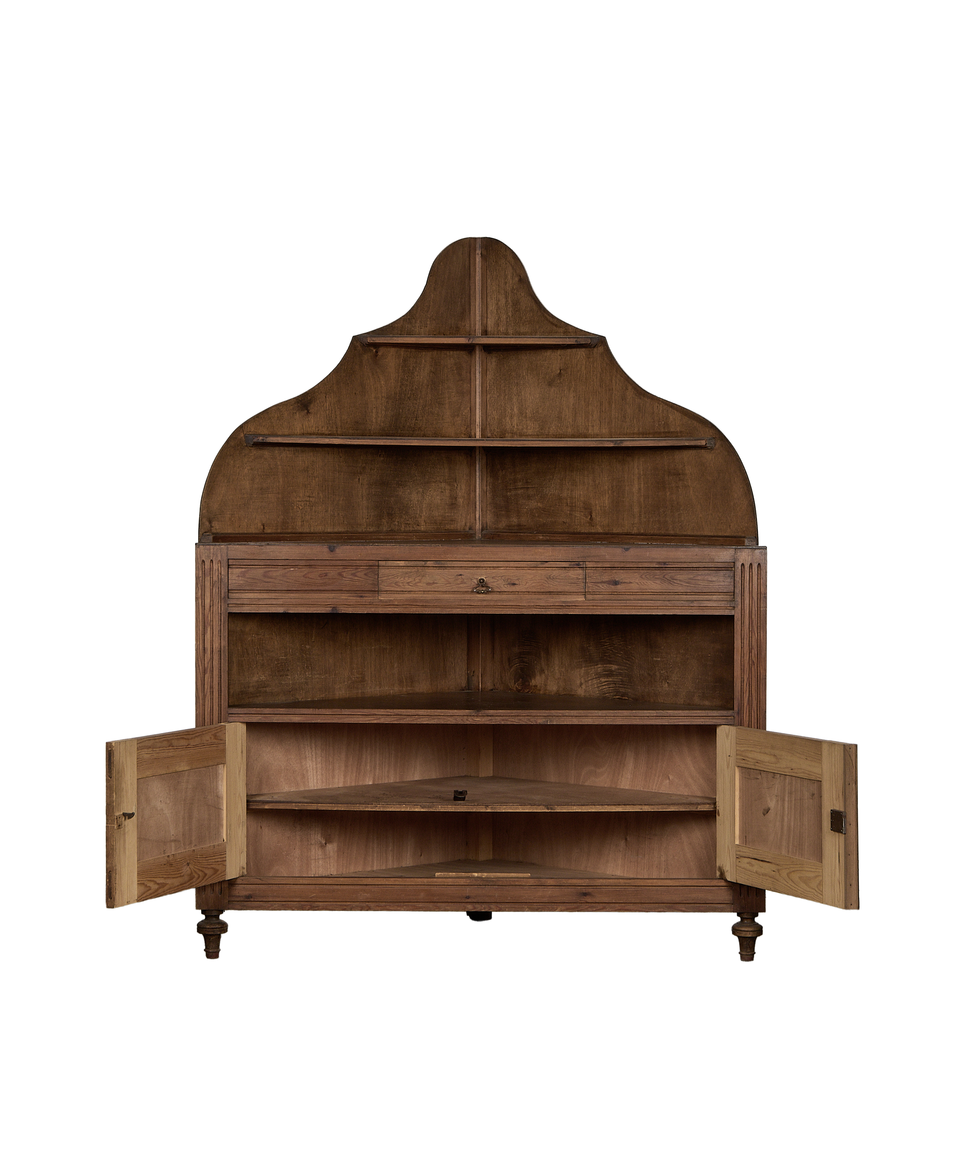 Vintage French oak corner cabinet, doors open, revealing shelves, natural rustic wood grain.