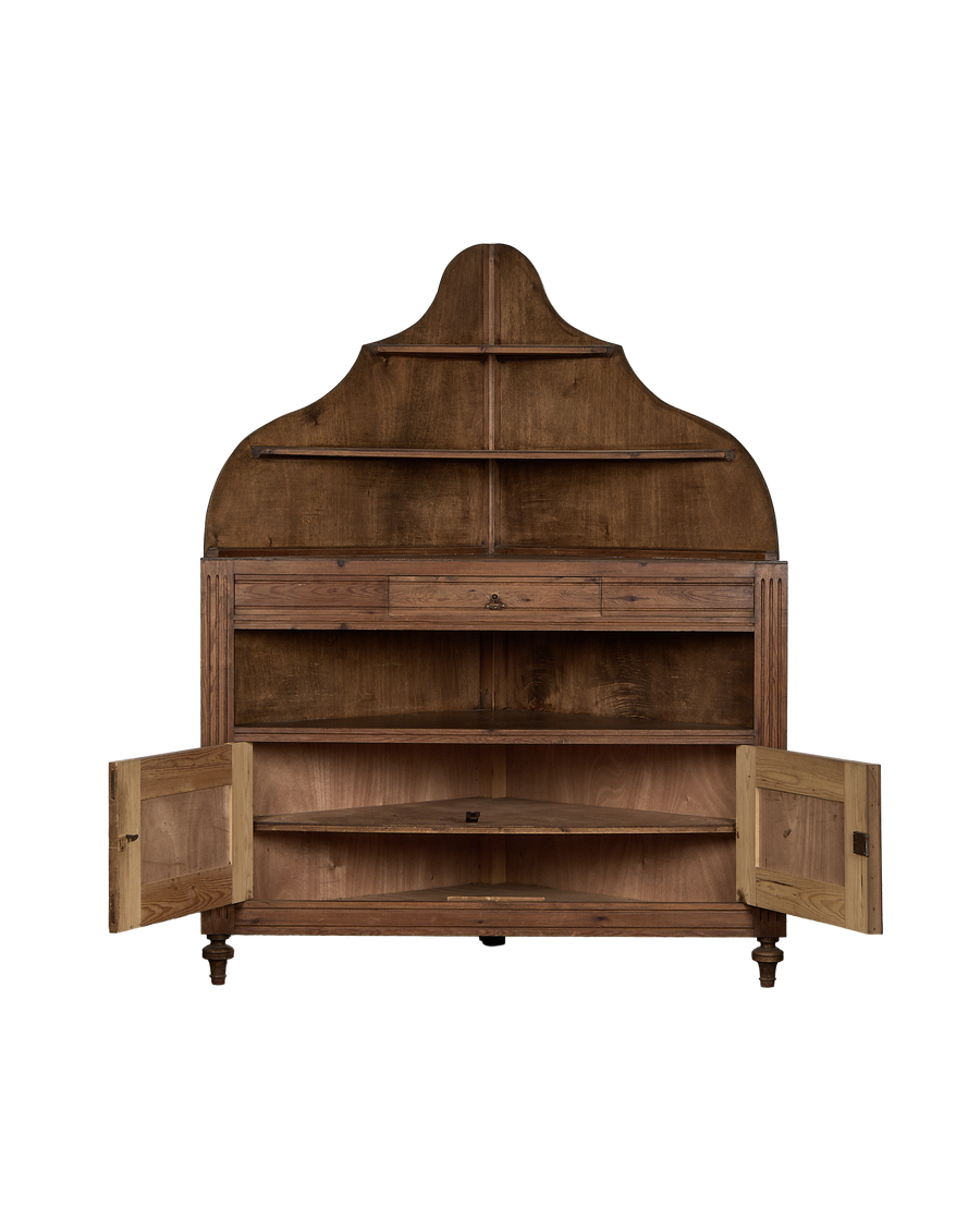 Vintage French oak corner cabinet, doors open, revealing shelves, natural rustic wood grain.