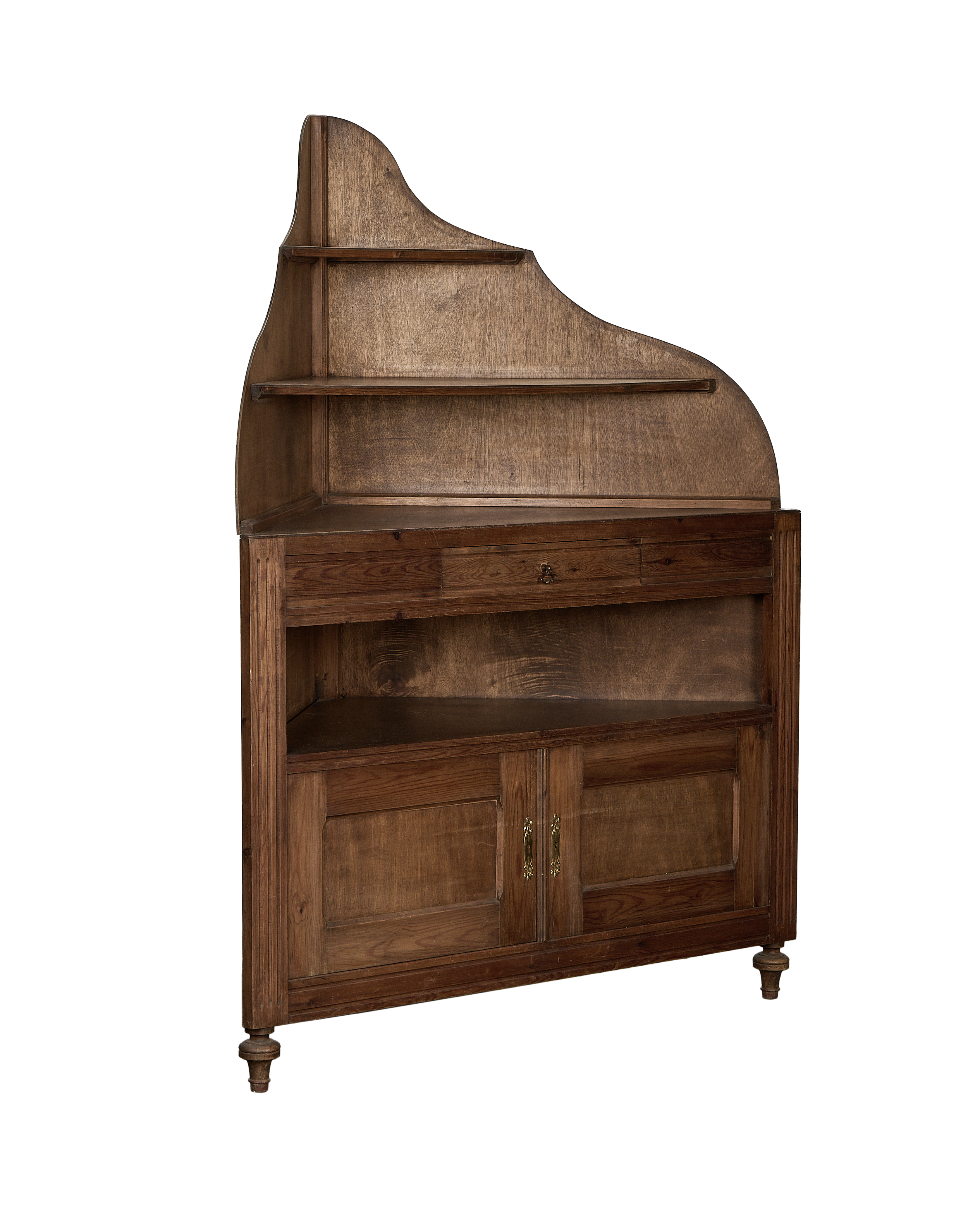Vintage French oak corner cabinet, full front view displaying carved details and brass hardware.