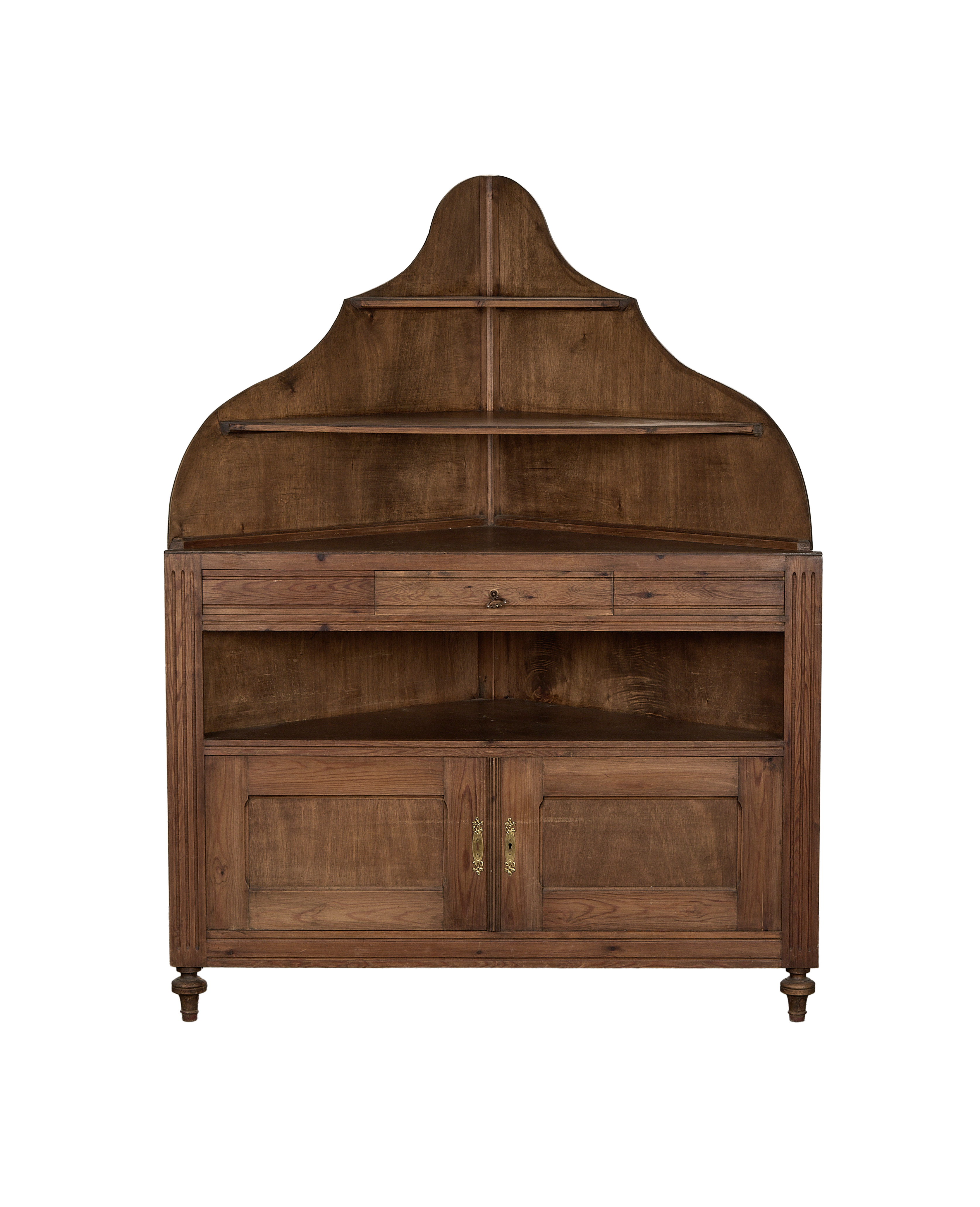 Vintage French Oak Corner Cabinet, open shelves, single drawer, and lower cupboard.