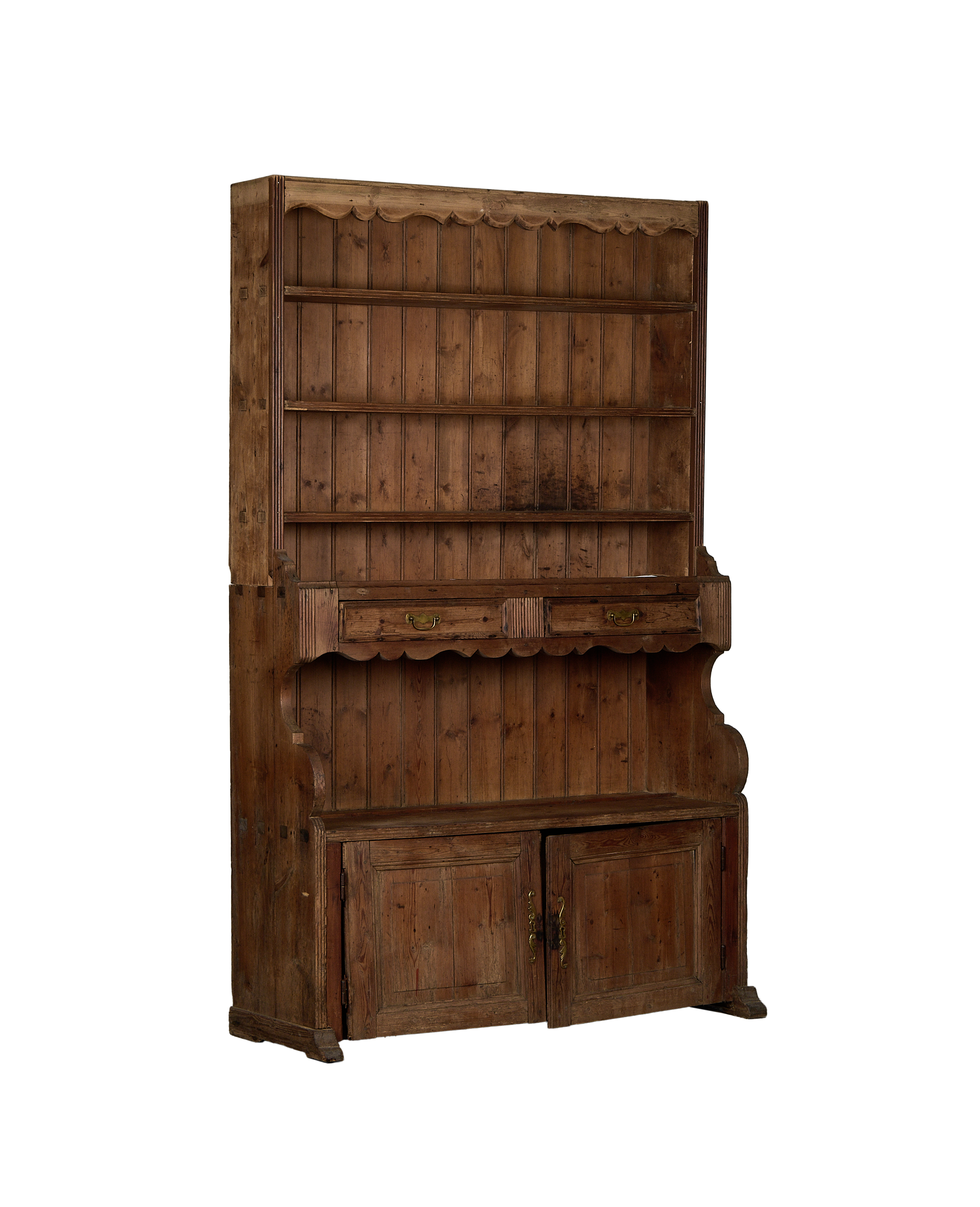 Vintage French oak china cabinet, front view, open lower doors revealing distressed wood interior.