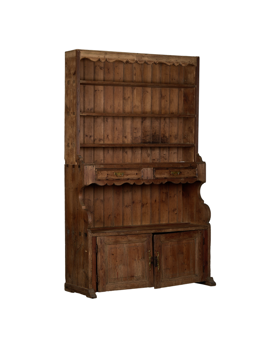Vintage French oak china cabinet, front view, open lower doors revealing distressed wood interior.