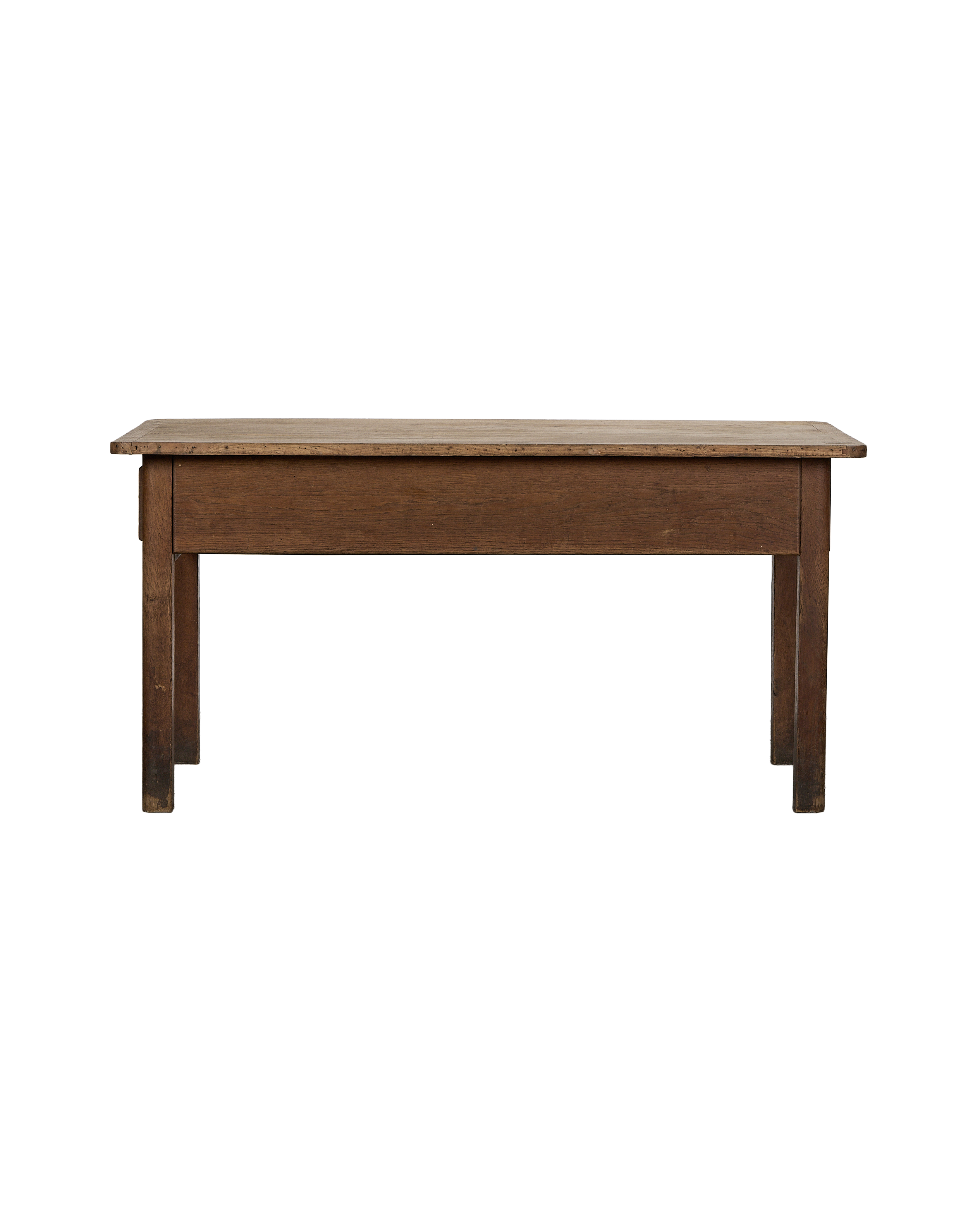 Vintage French oak draper's table, showcasing its narrow profile and weathered detailing.