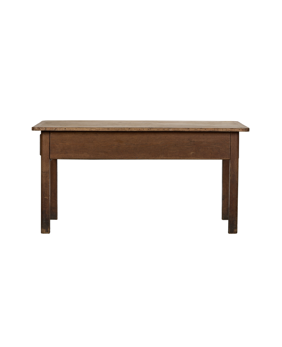 Vintage French oak draper's table, showcasing its narrow profile and weathered detailing.