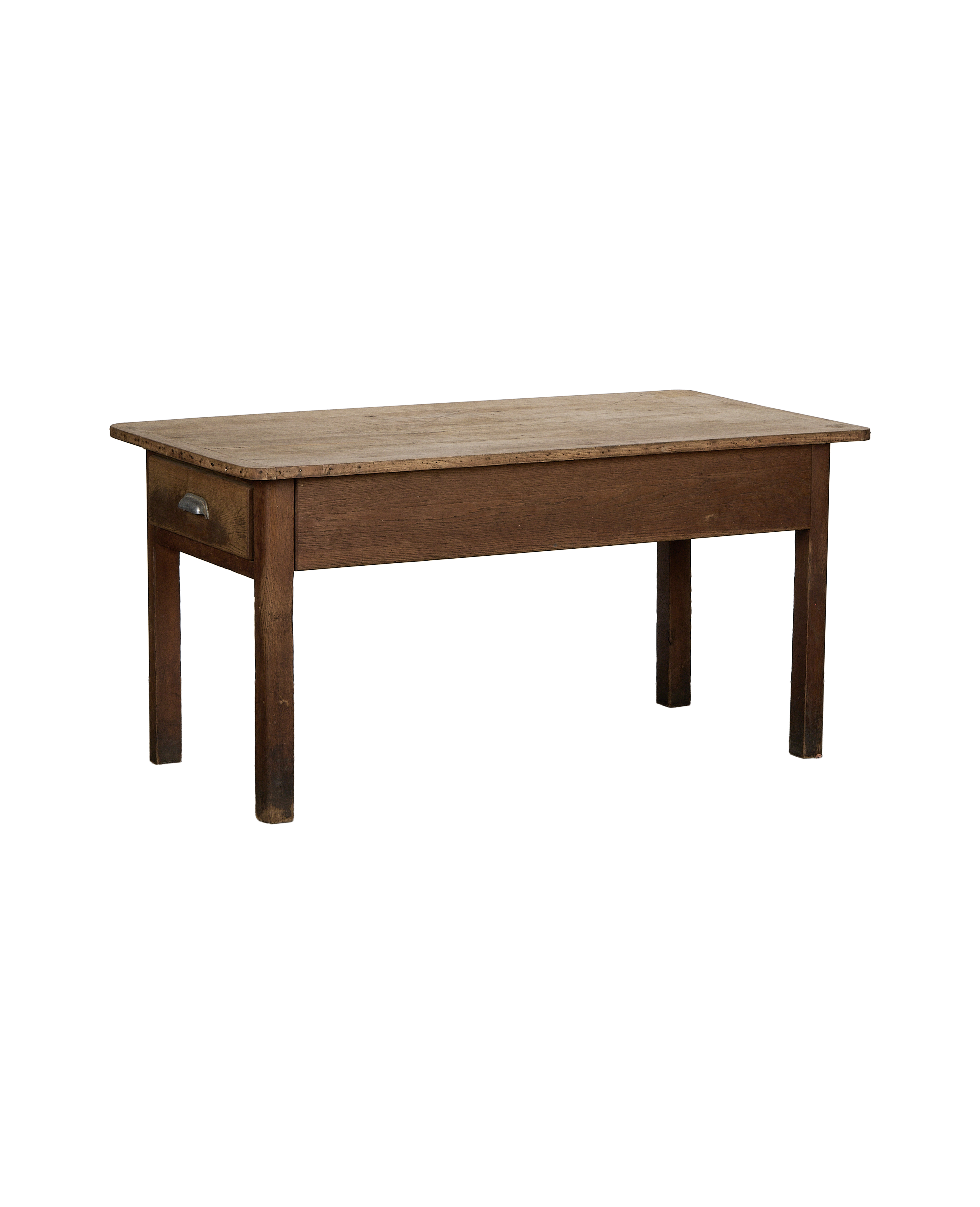 Vintage French oak Draper's Table, light distressed wood with single drawer and metal pull.