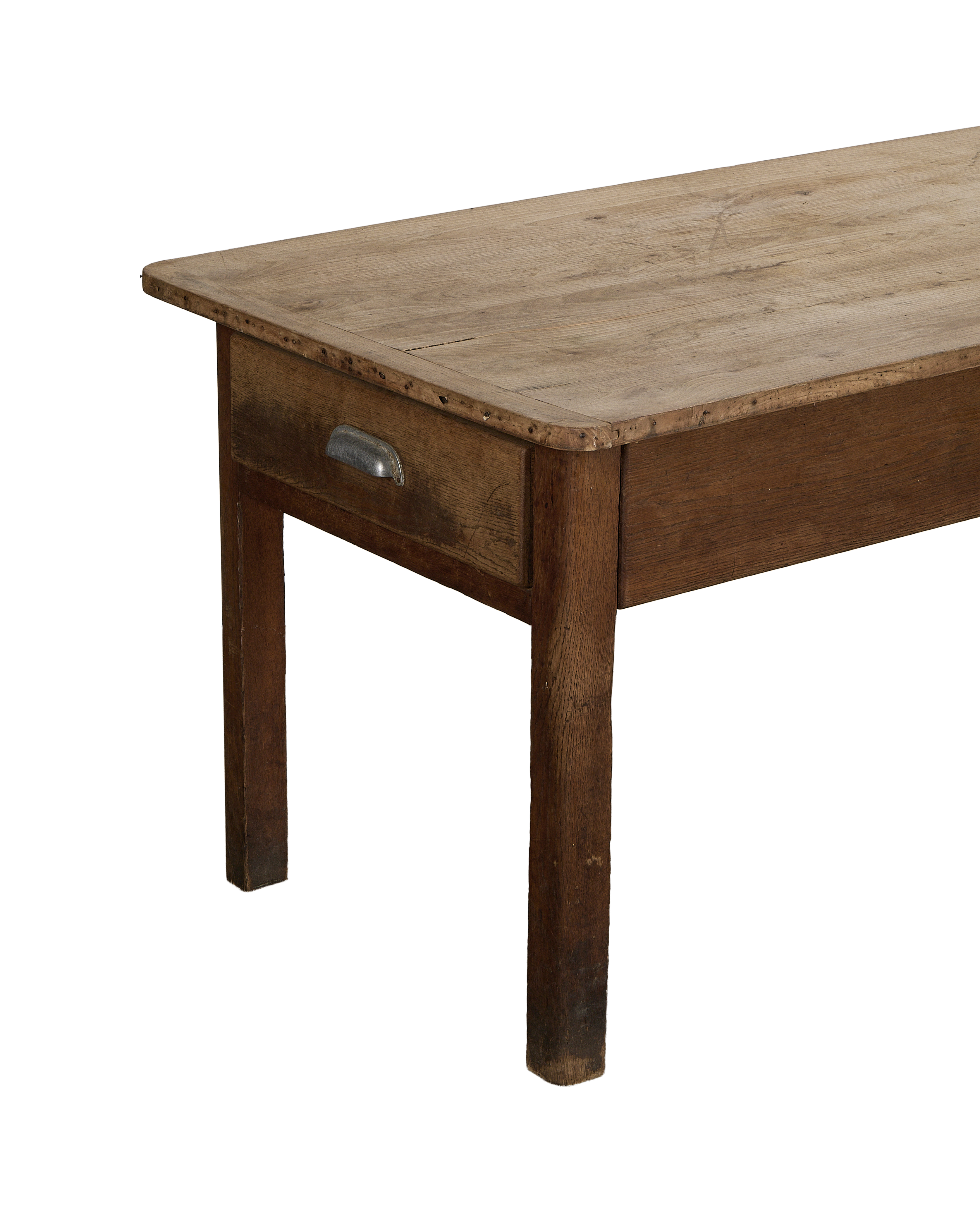 Vintage French oak draper's table, close-up of side drawer with metal handle.