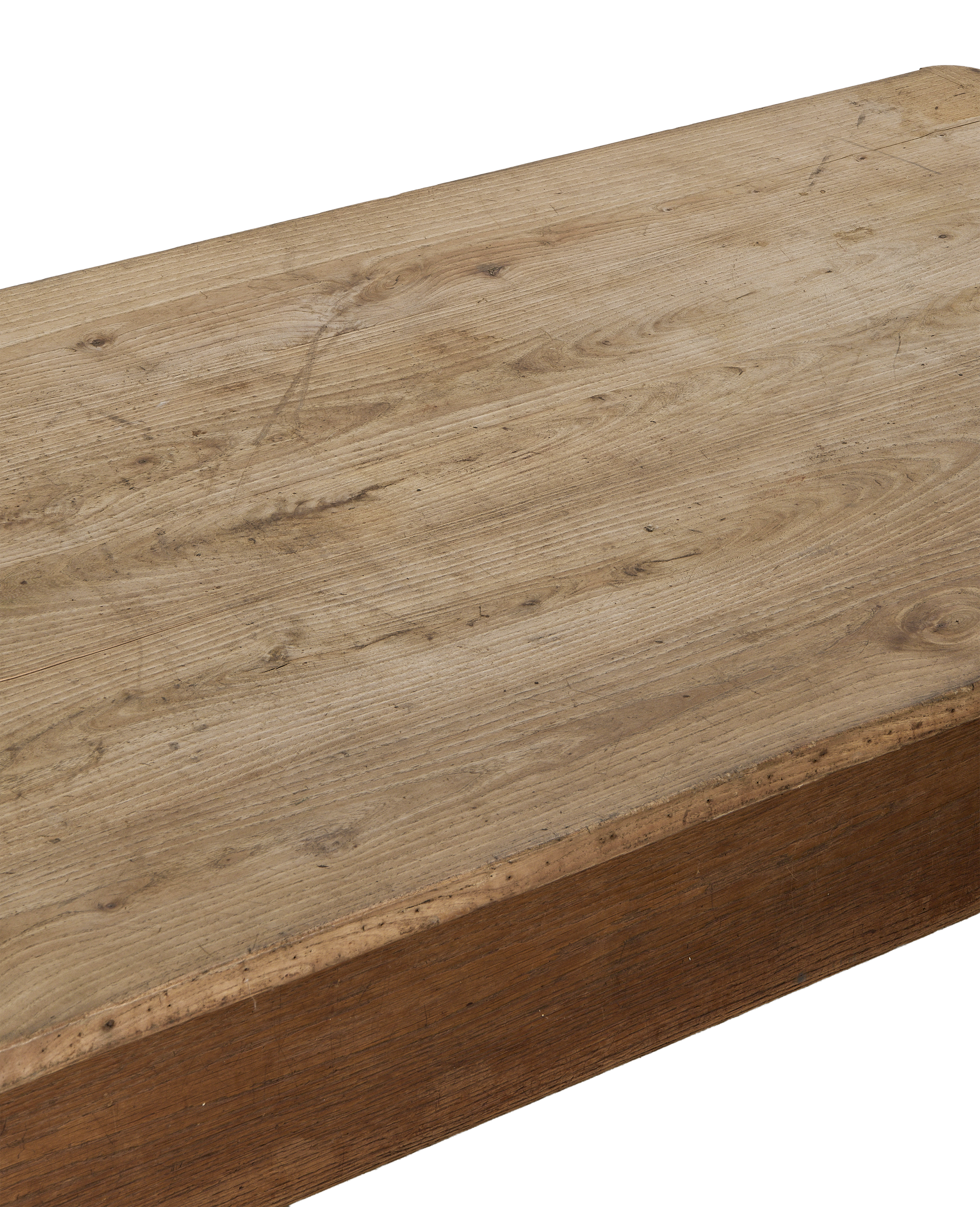 Vintage French draper's oak table, close-up of distressed rustic wood top.