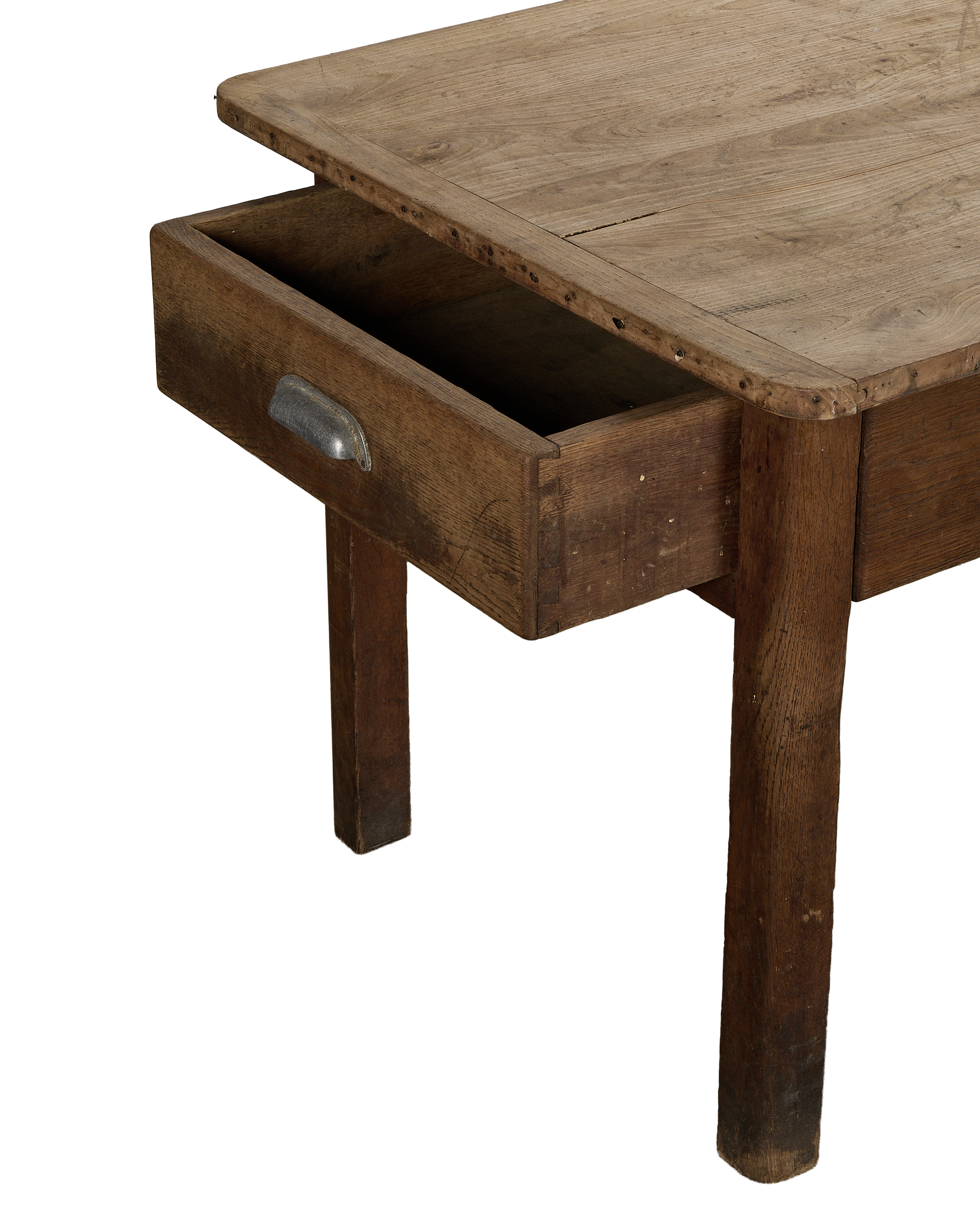 Open drawer detail of vintage French oak draper's table with distressed finish.