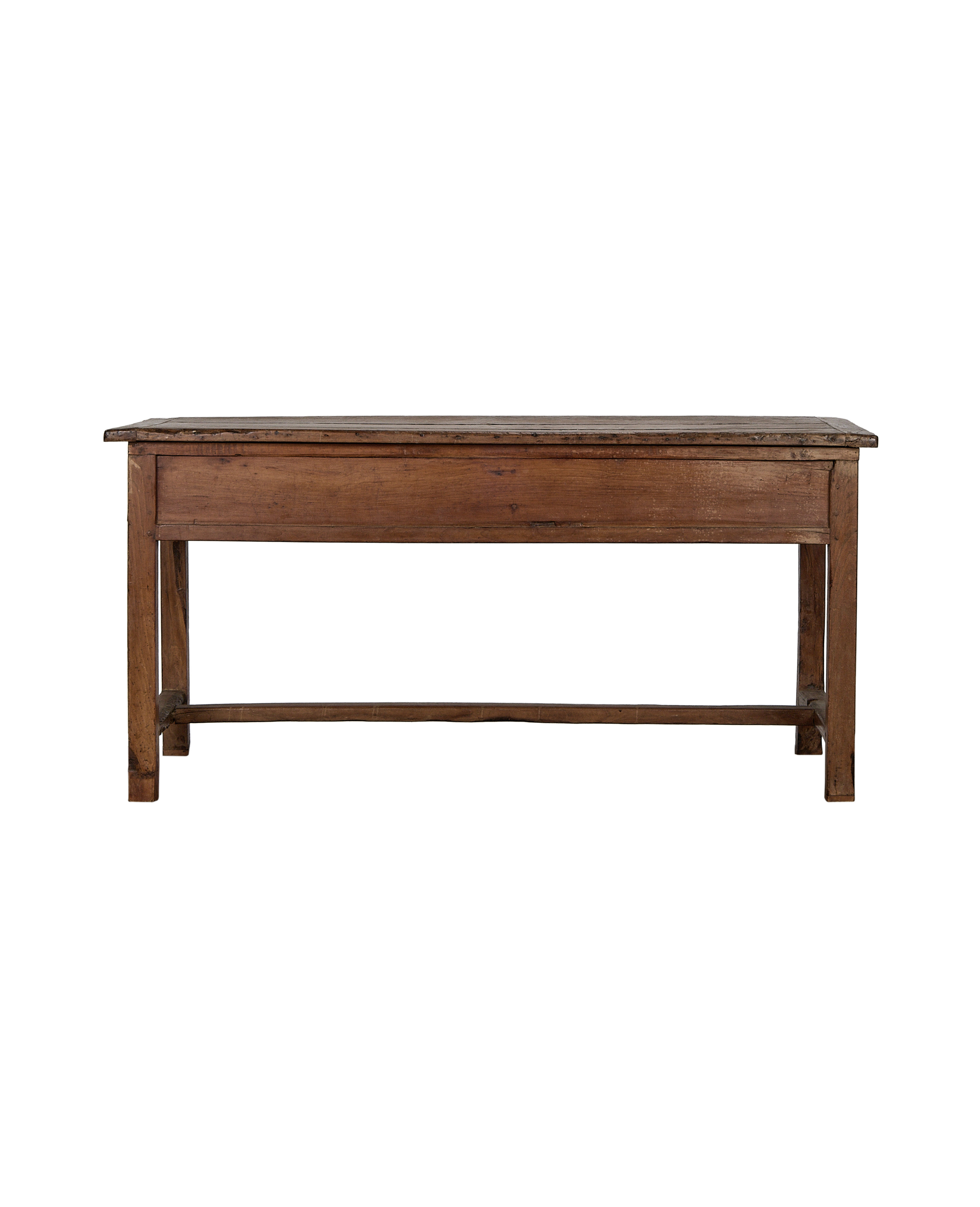 Vintage French oak draper's table full side view, showing deep brown wood grain.