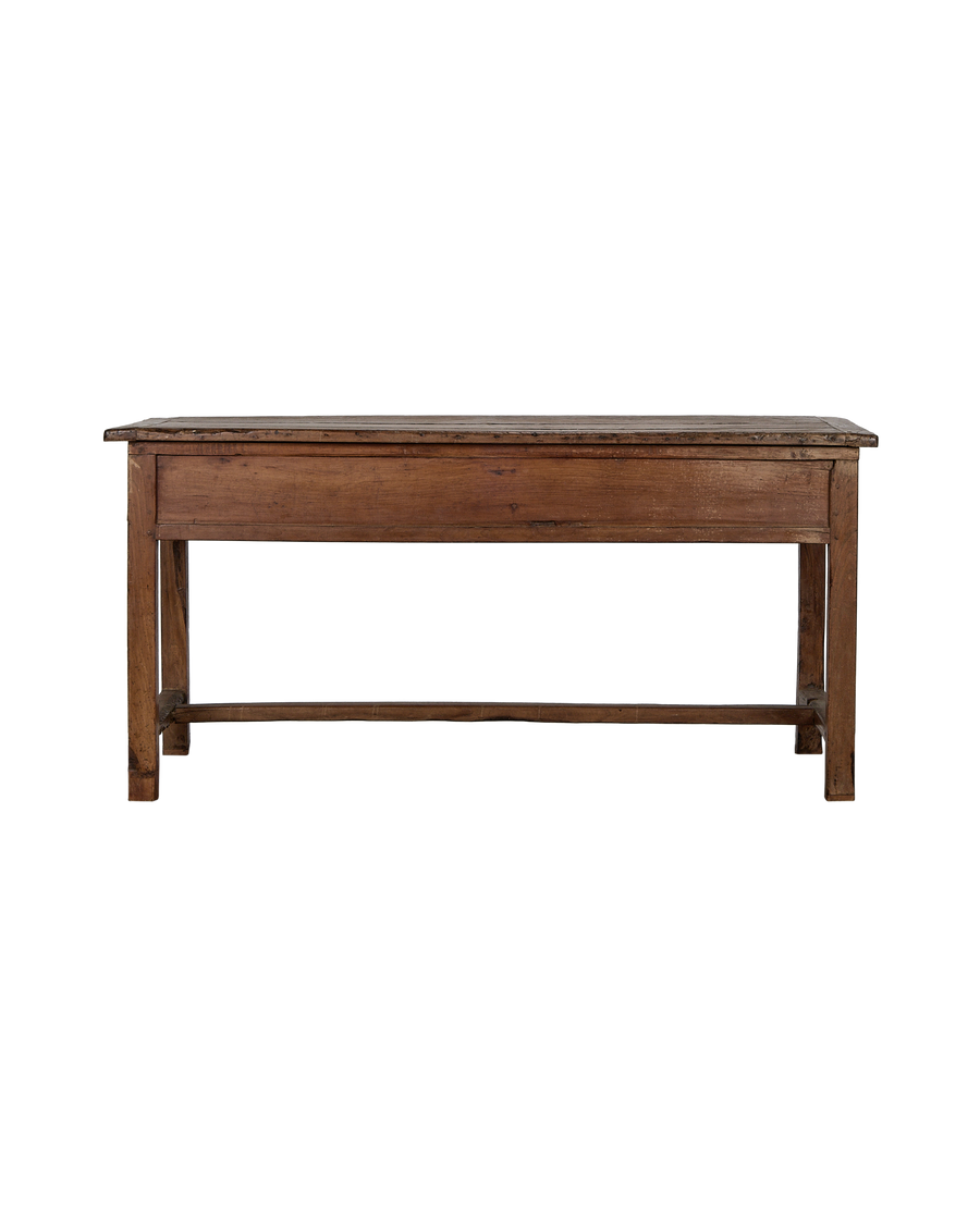 Vintage French oak draper's table full side view, showing deep brown wood grain.