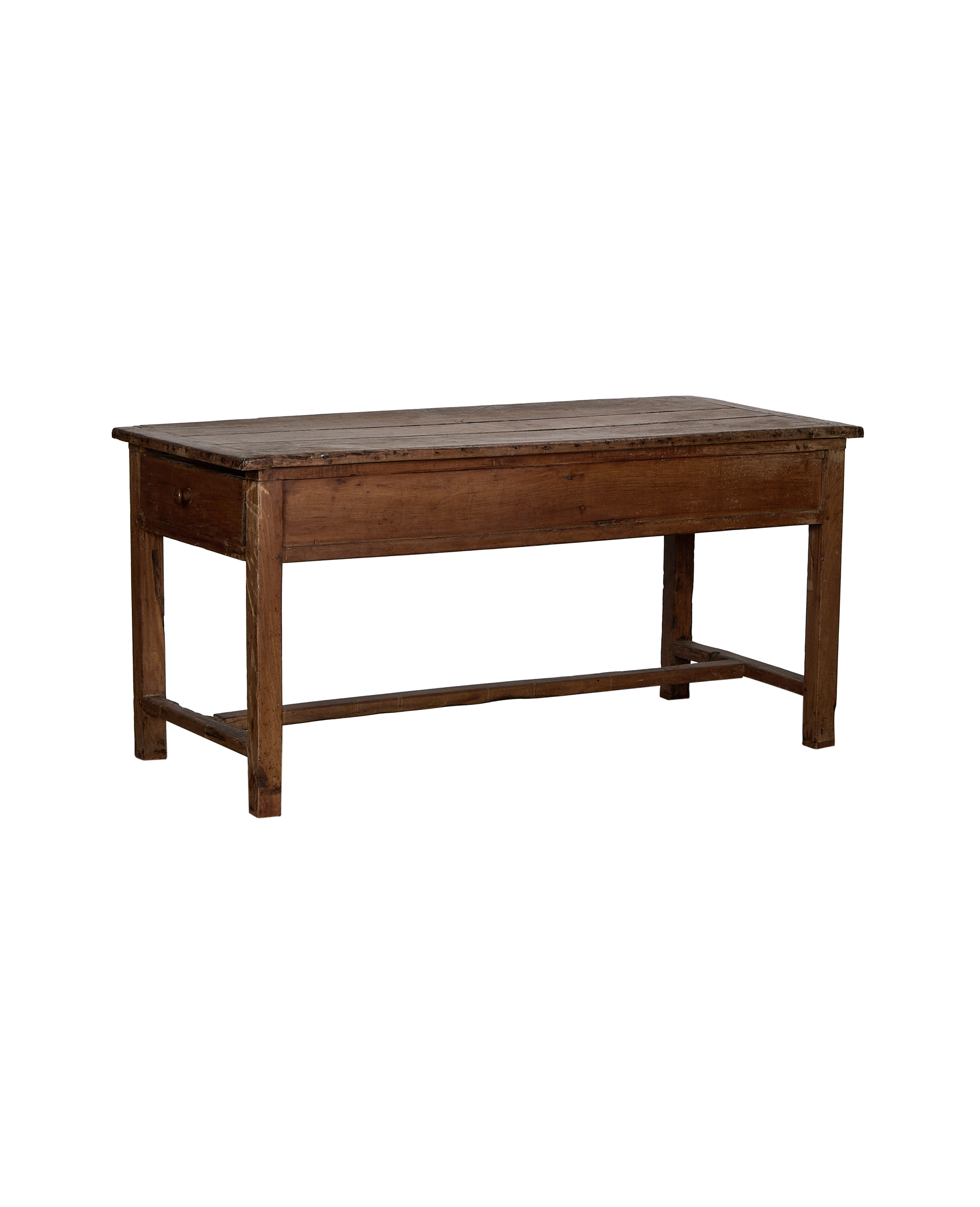 Vintage French oak draper's table with single drawer, rustic patina.