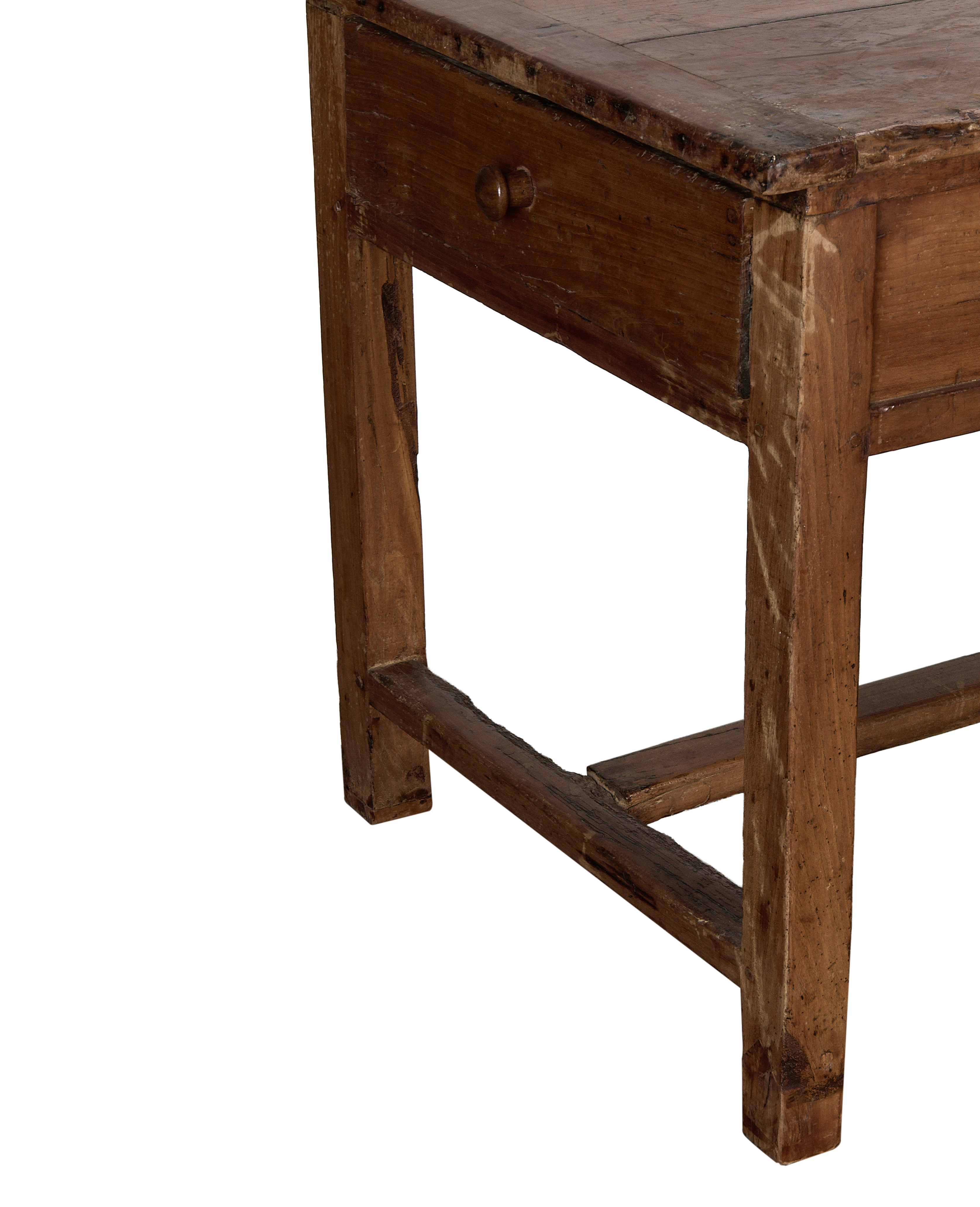 Vintage French oak draper's table, close-up of a drawer and distressed wooden leg.