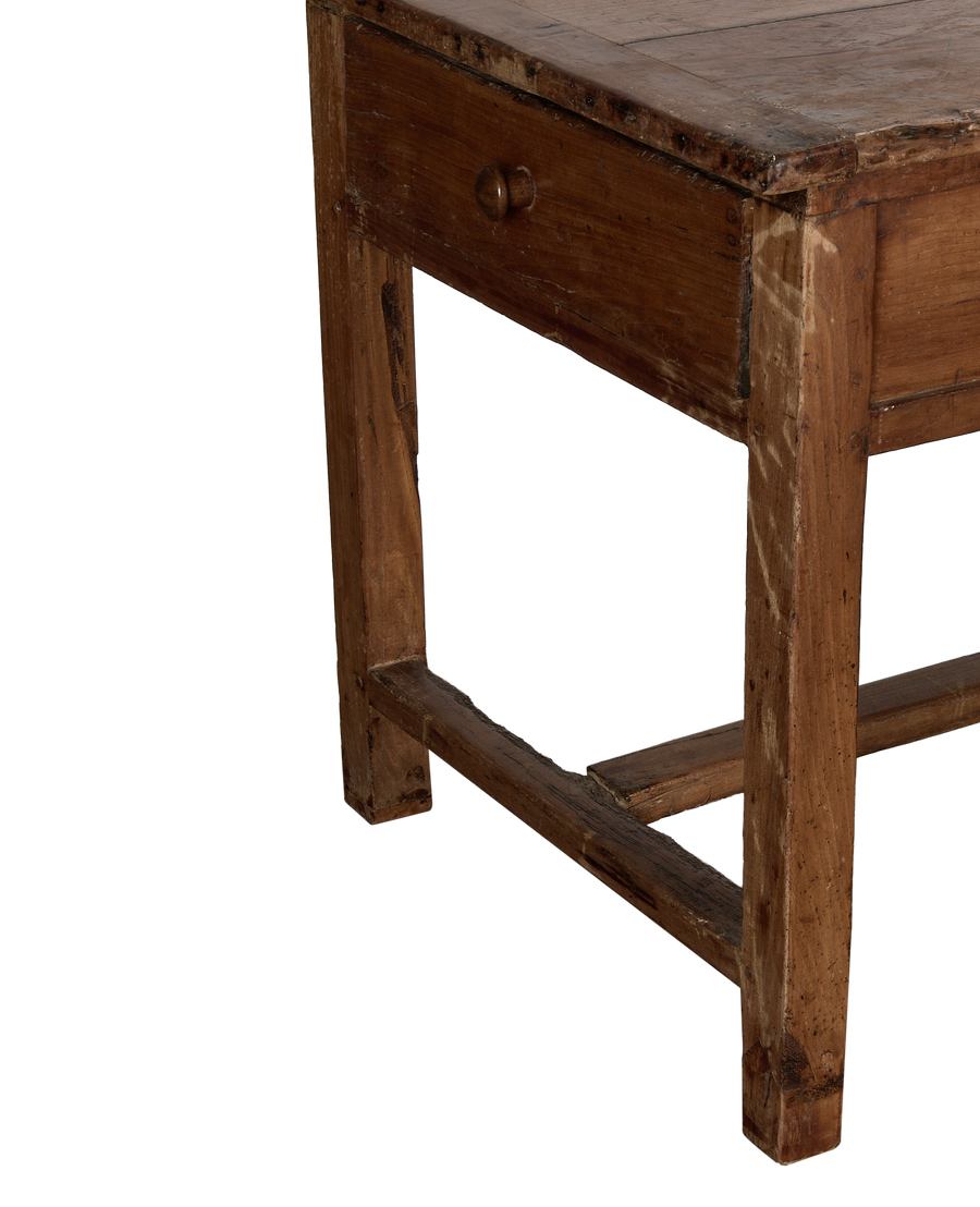 Vintage French oak draper's table, close-up of a drawer and distressed wooden leg.